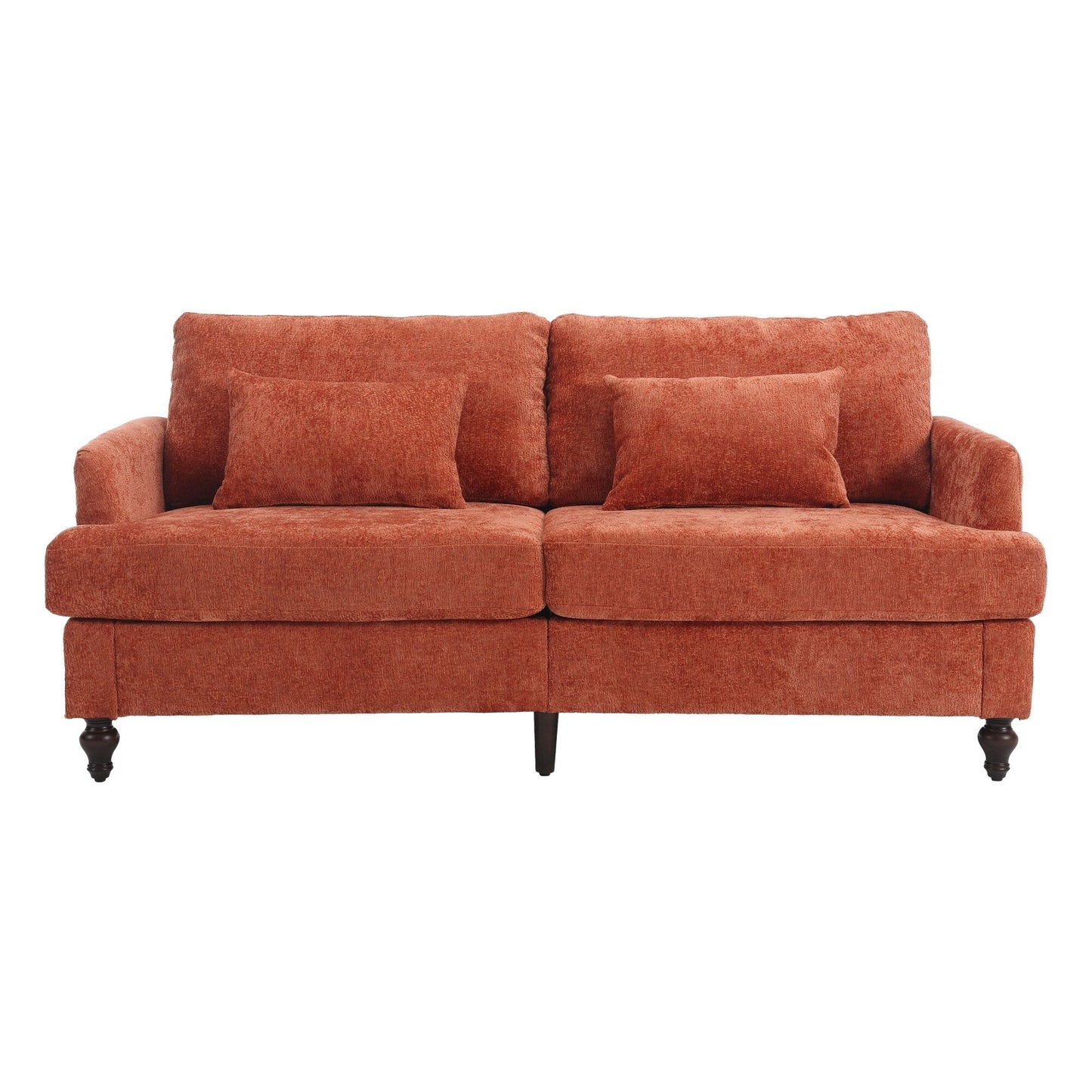 Canapé 2 places moderne en chenille orange 68,9 pouces : coussins amovibles, cadre en bois massif et pieds en bois marron