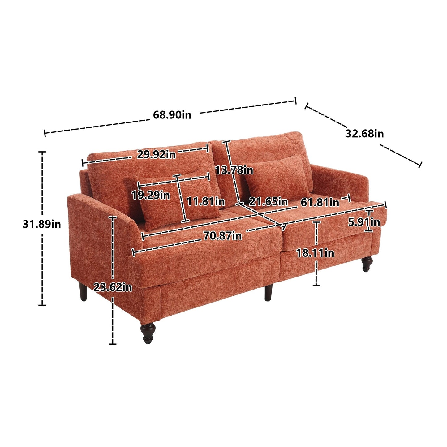 Canapé 2 places moderne en chenille orange 68,9 pouces : coussins amovibles, cadre en bois massif et pieds en bois marron