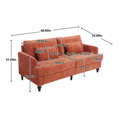 Canapé 2 places moderne en chenille orange 68,9 pouces : coussins amovibles, cadre en bois massif et pieds en bois marron
