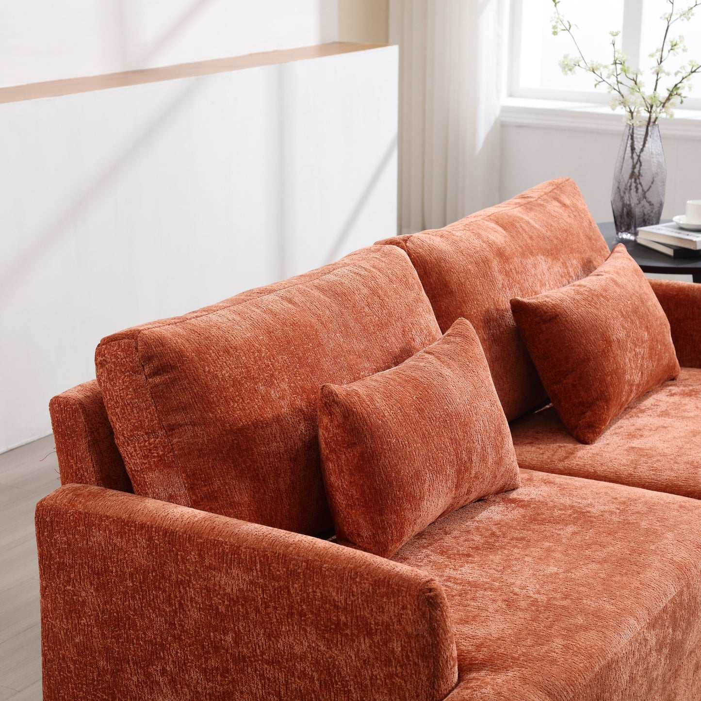 Canapé 2 places moderne en chenille orange 68,9 pouces : coussins amovibles, cadre en bois massif et pieds en bois marron