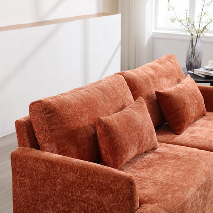 Canapé 2 places moderne en chenille orange 68,9 pouces : coussins amovibles, cadre en bois massif et pieds en bois marron