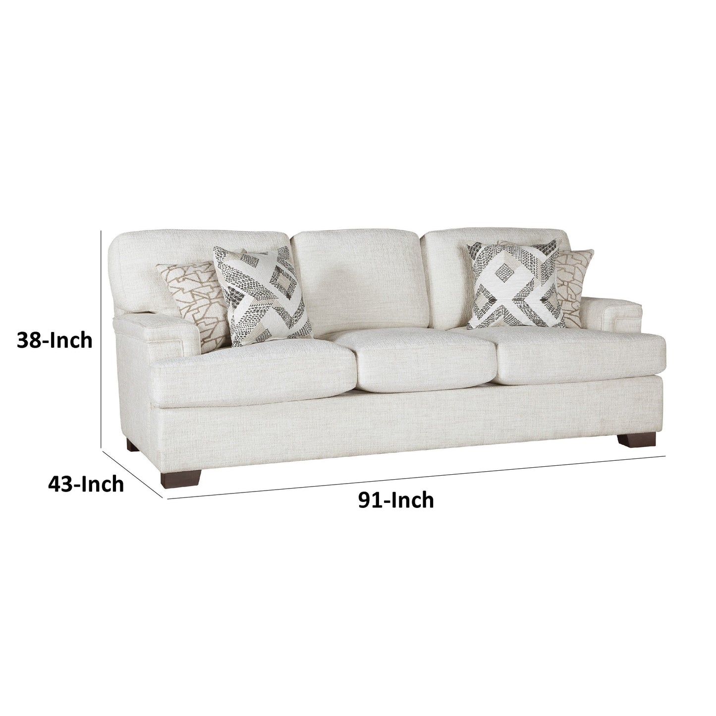 Canapé Osy avec 4 coussins décoratifs, 91 pouces, tissu chenille ivoire doux