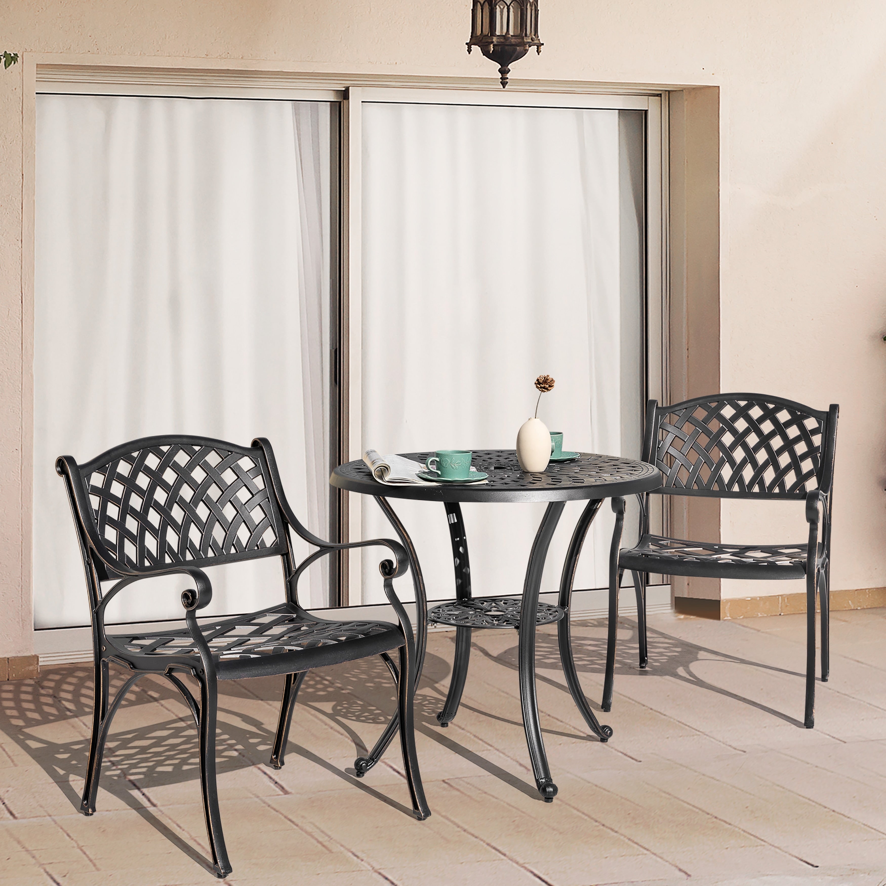 Ensemble bistrot d'extérieur en fonte d'aluminium pour 2 personnes avec trou pour parasol