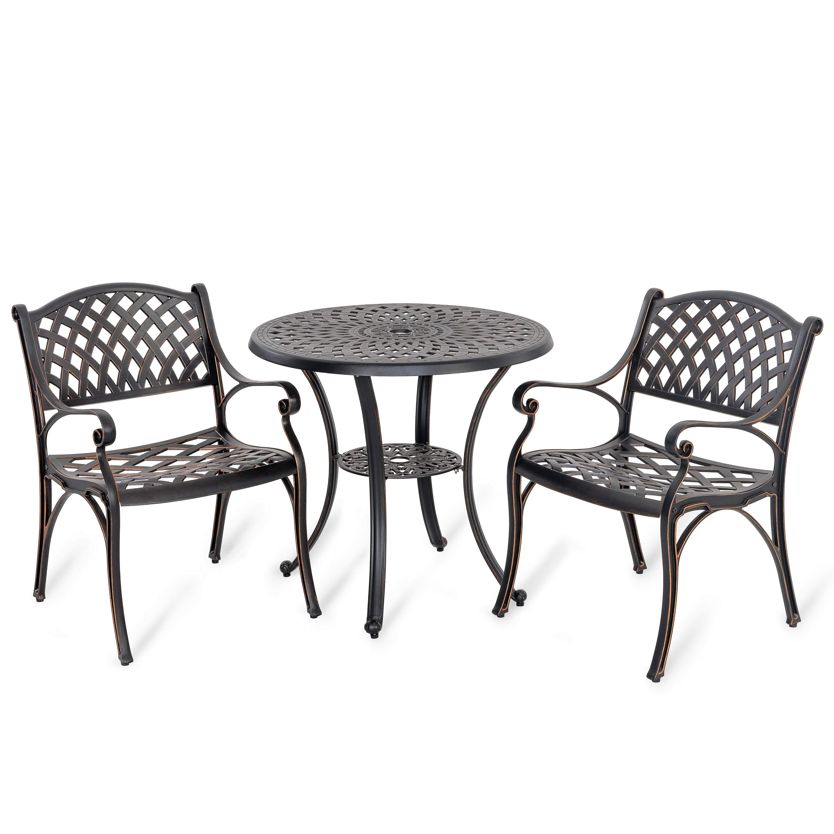 Ensemble bistrot d'extérieur en fonte d'aluminium pour 2 personnes avec trou pour parasol