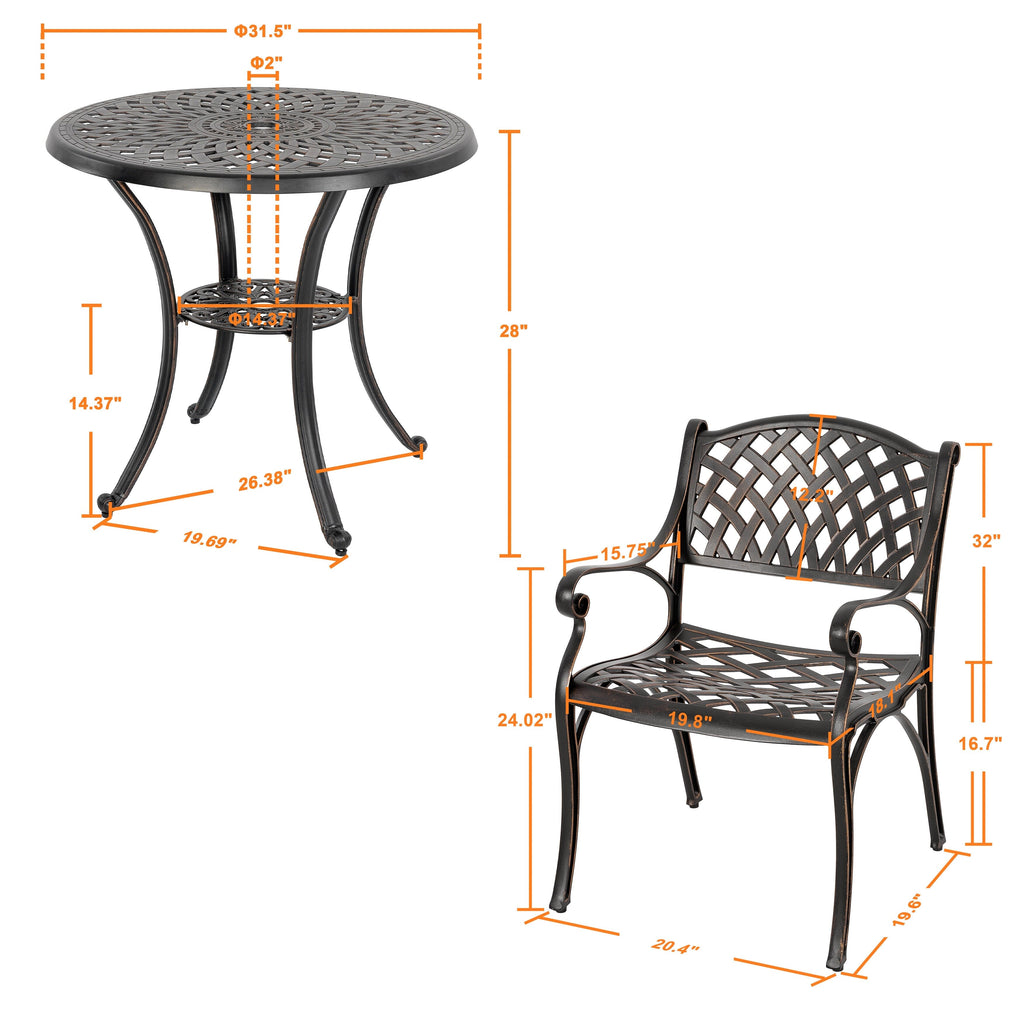 Ensemble bistrot d'extérieur en fonte d'aluminium pour 2 personnes avec trou pour parasol