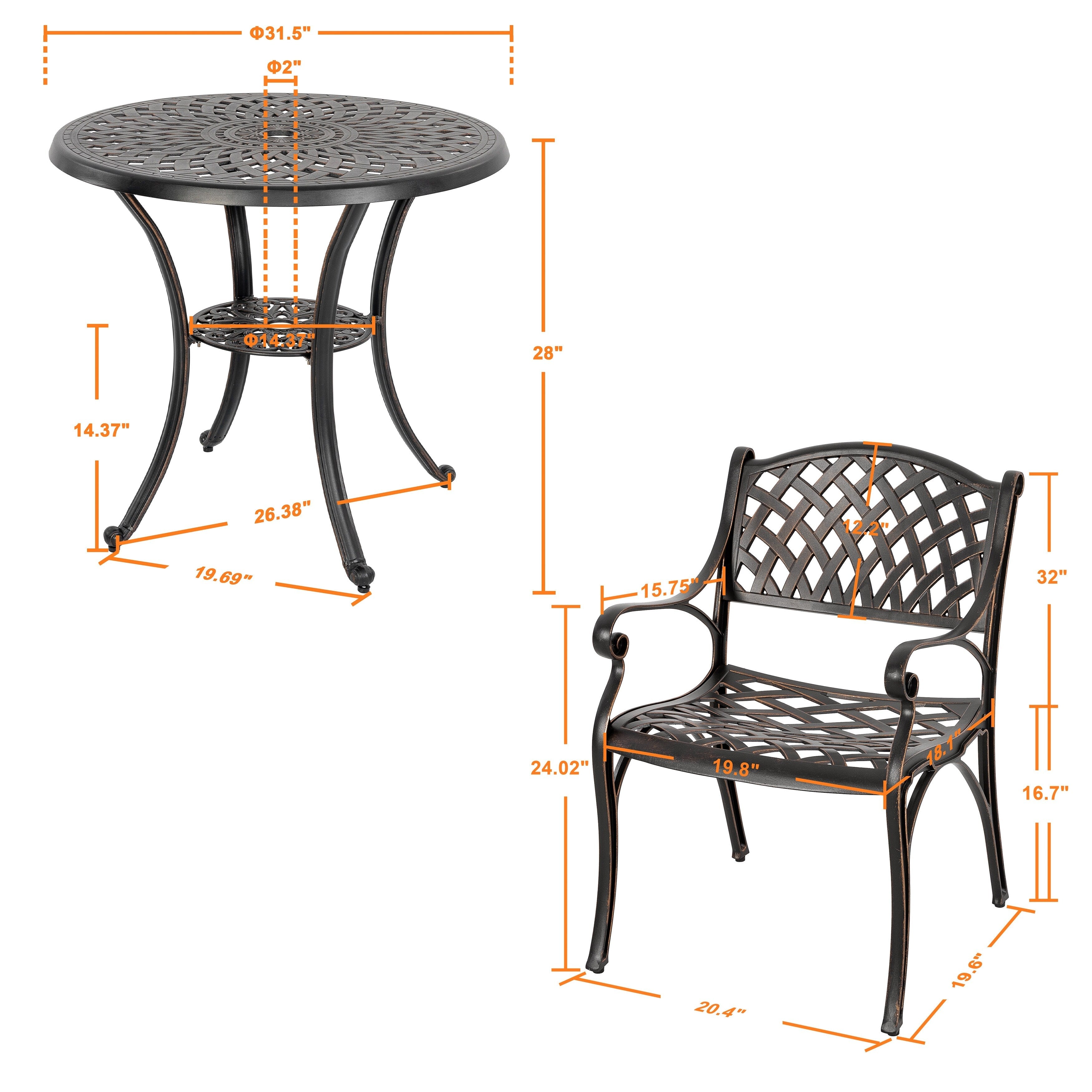 Ensemble bistrot d'extérieur en fonte d'aluminium pour 2 personnes avec trou pour parasol