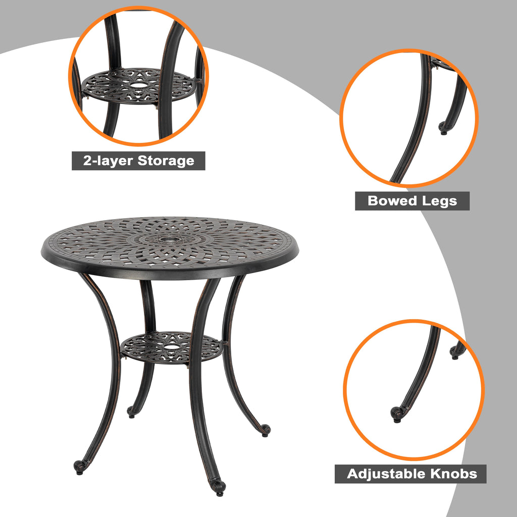 Ensemble bistrot d'extérieur en fonte d'aluminium pour 2 personnes avec trou pour parasol