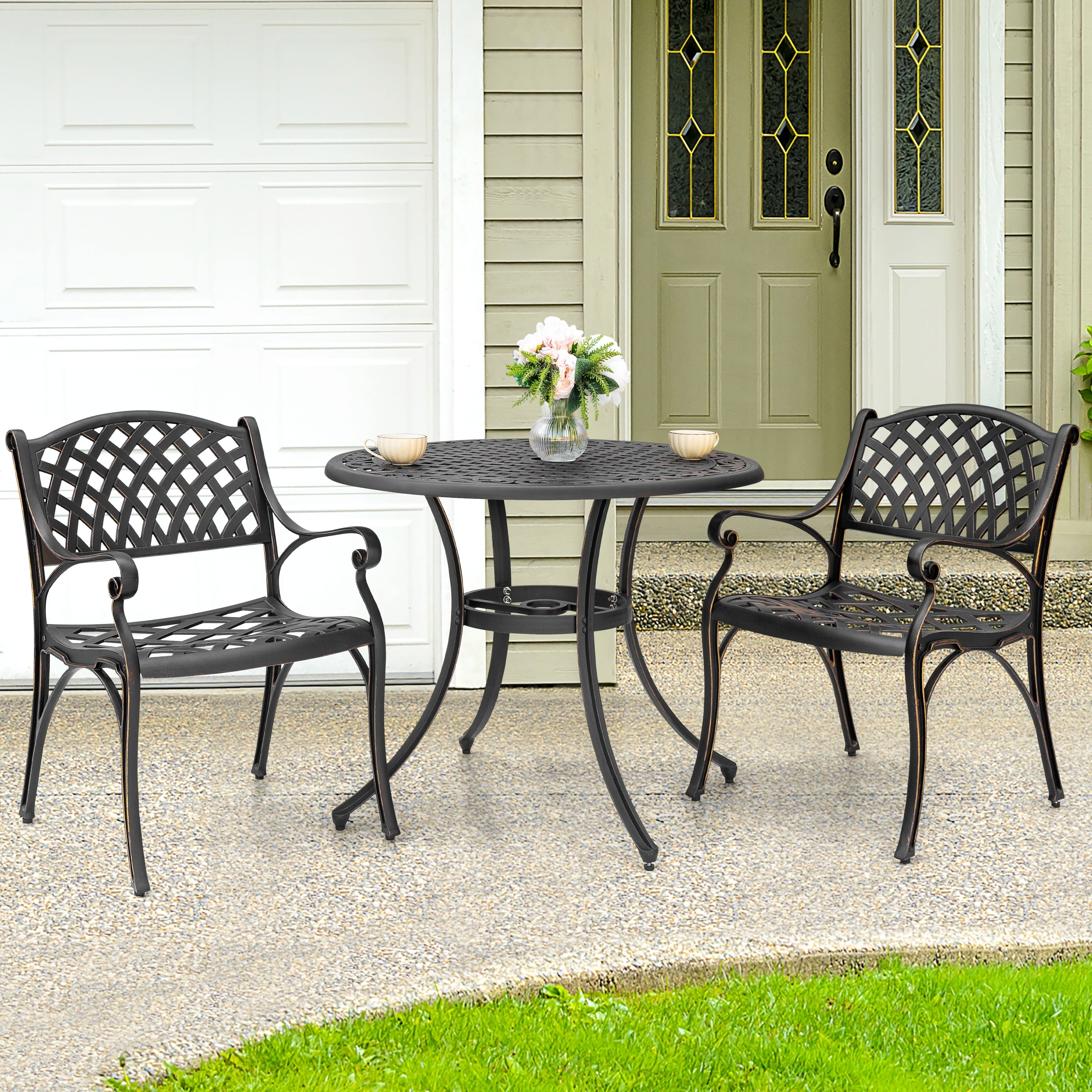 Ensemble bistrot d'extérieur 3 pièces avec trou pour parasol, noir et bord doré