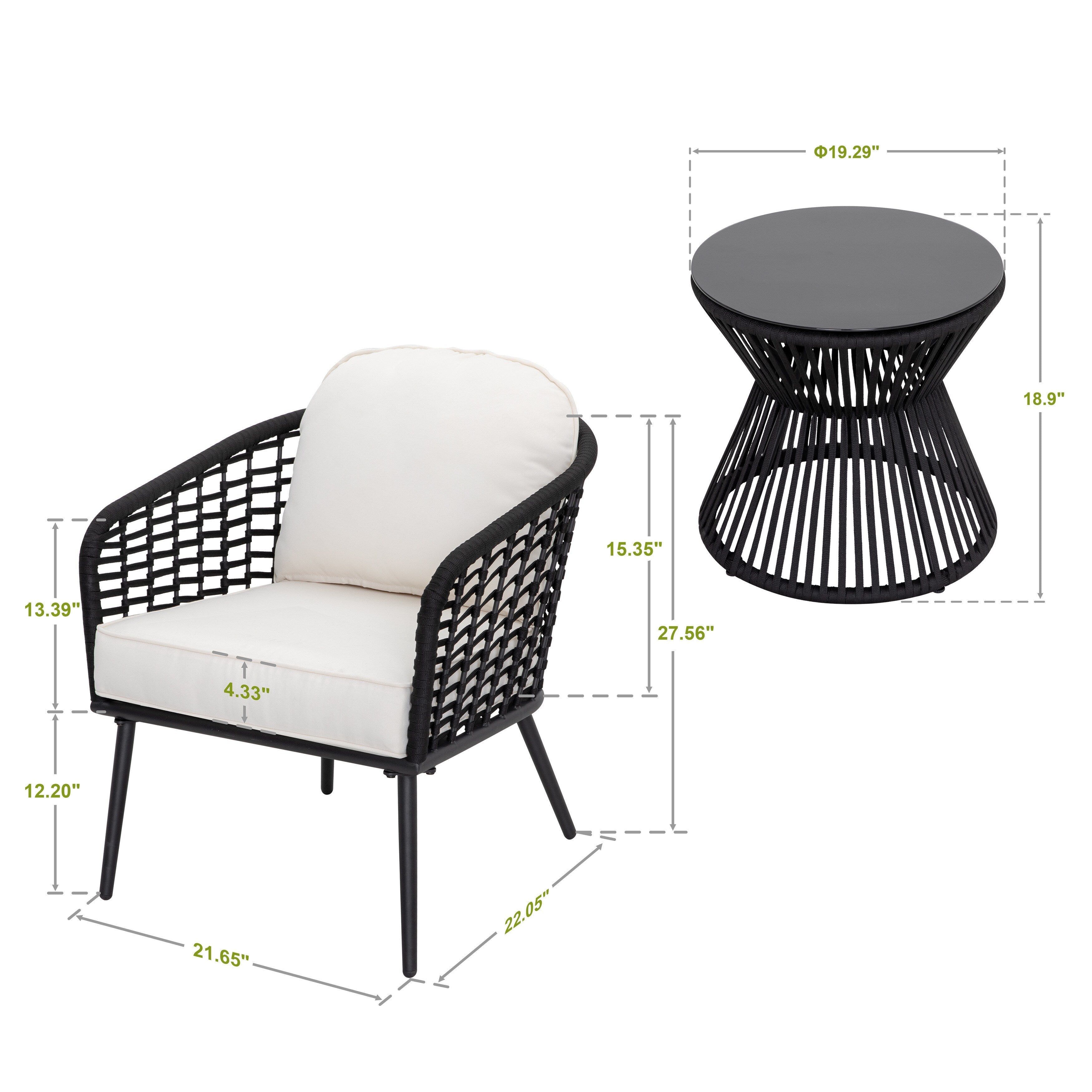 Ensemble bistro d'extérieur 3 pièces, 1 table basse et 2 chaises, noir