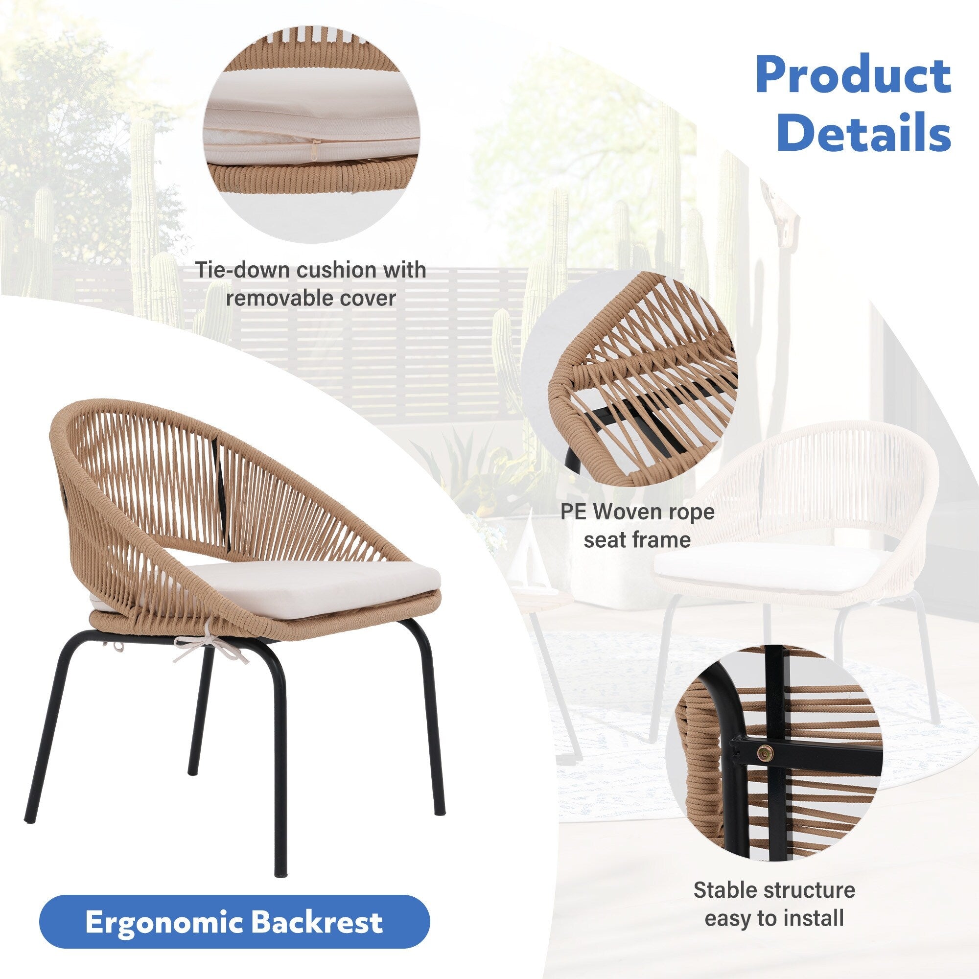 Ensemble de salon moderne avec chaises de jardin rembourrées en osier, 3 pièces