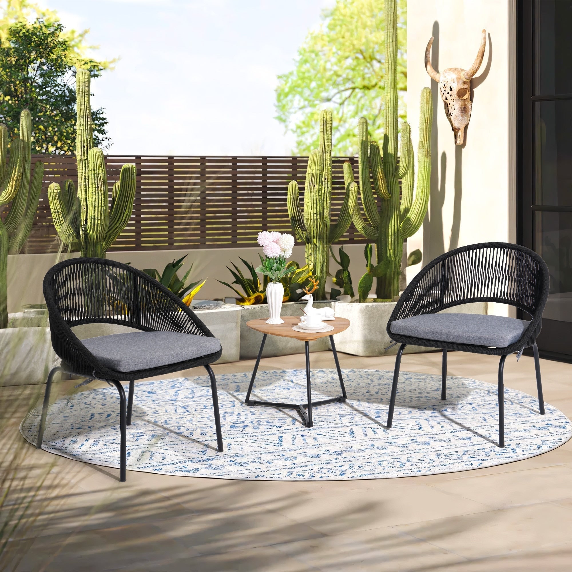 Ensemble de salon moderne avec chaises de jardin rembourrées en osier, 3 pièces