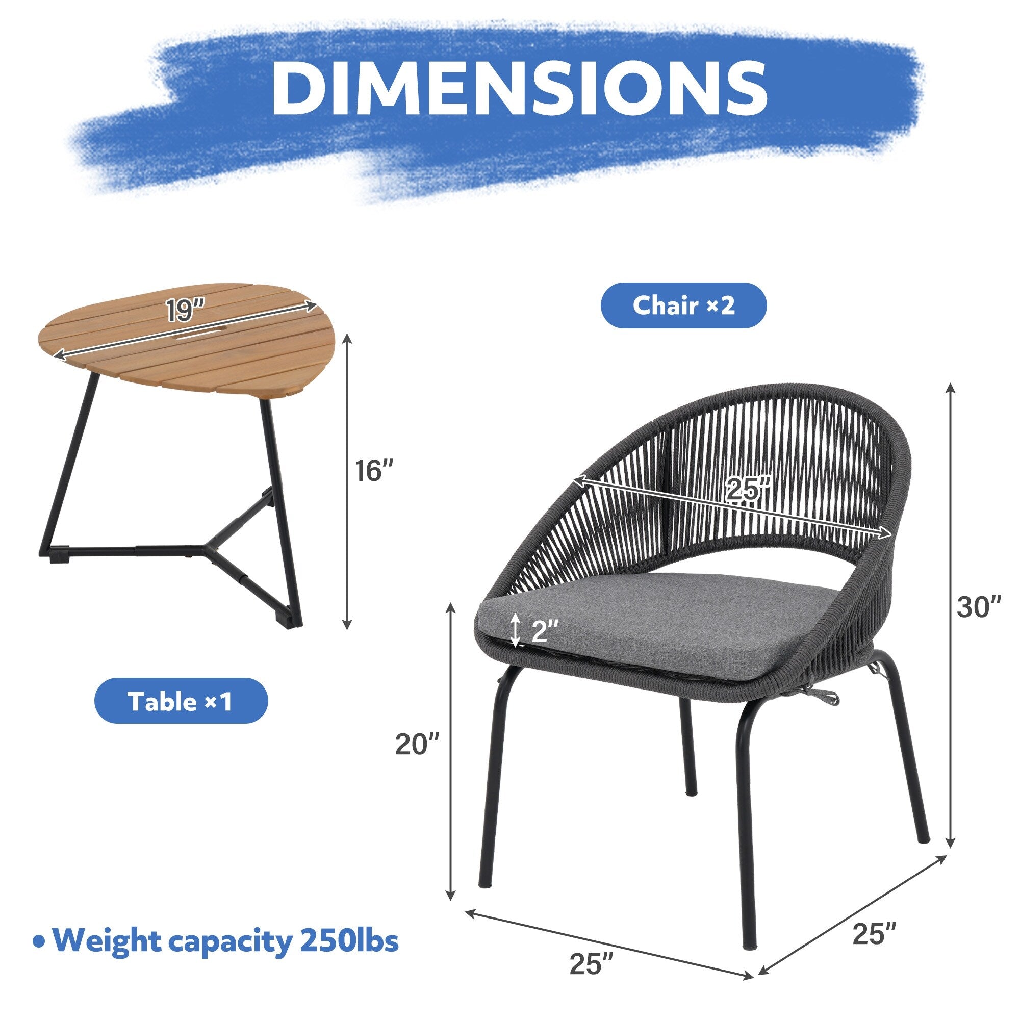 Ensemble de salon moderne avec chaises de jardin rembourrées en osier, 3 pièces