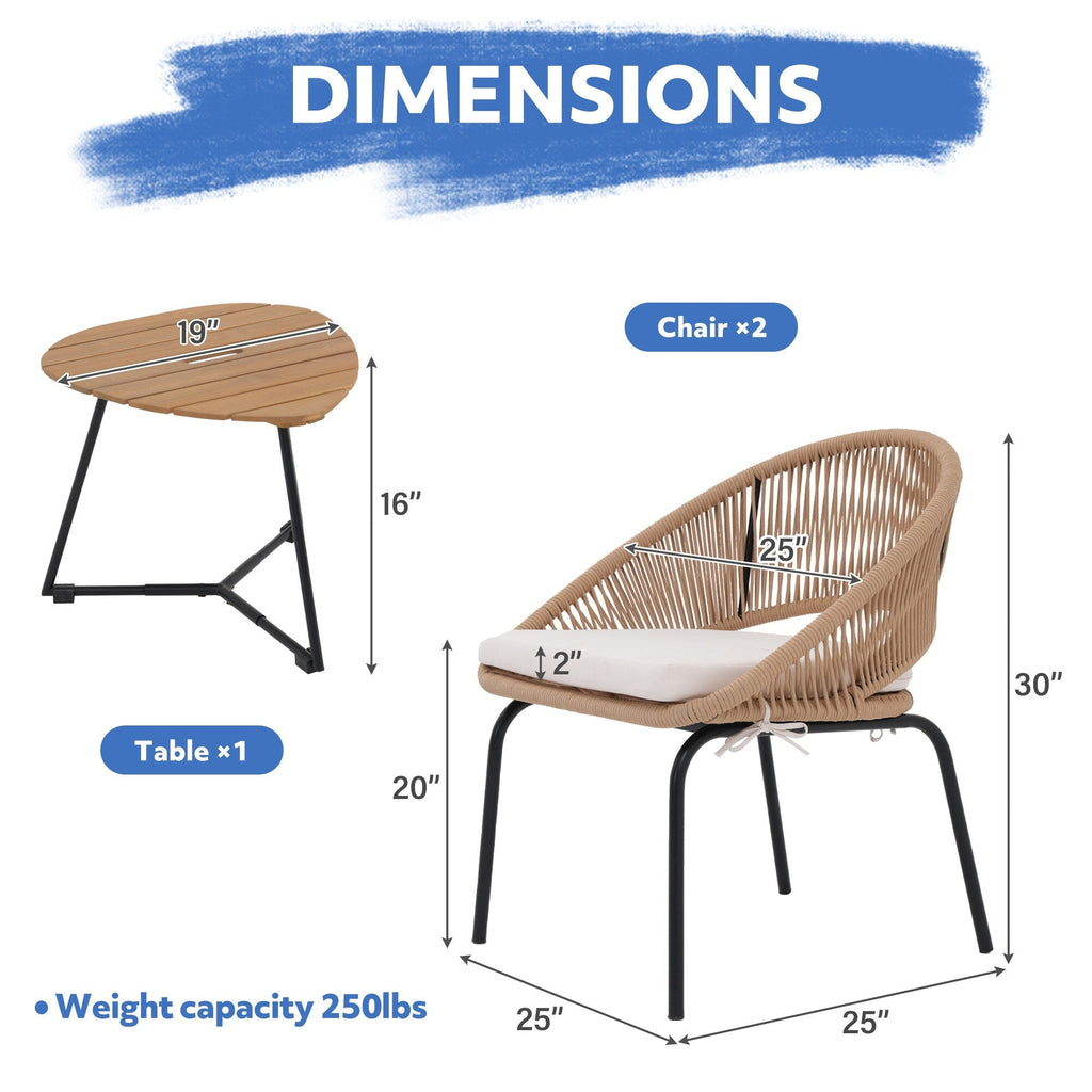 Ensemble de salon moderne avec chaises de jardin rembourrées en osier, 3 pièces