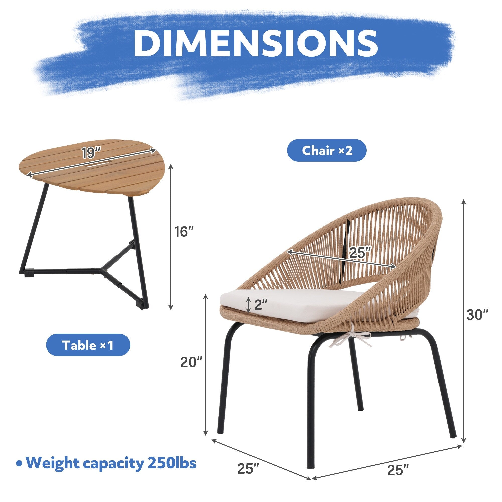 Ensemble de salon moderne avec chaises de jardin rembourrées en osier, 3 pièces