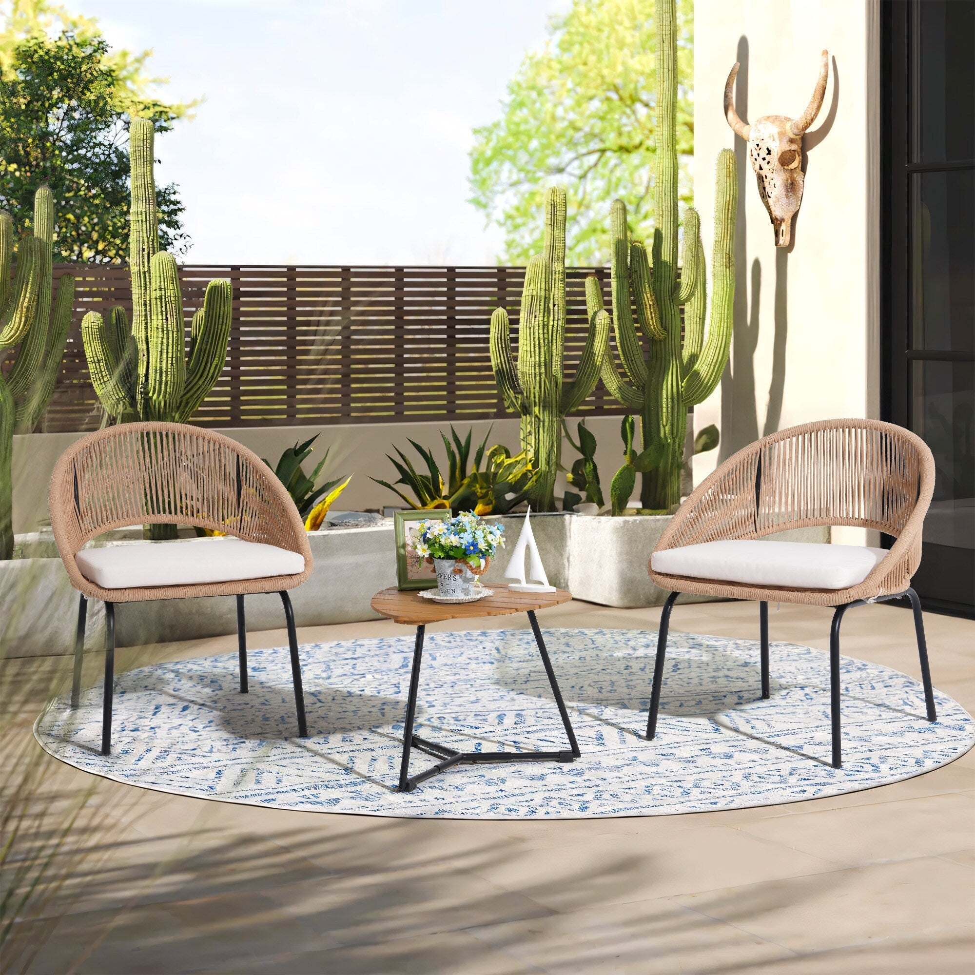 Ensemble de salon moderne avec chaises de jardin rembourrées en osier, 3 pièces
