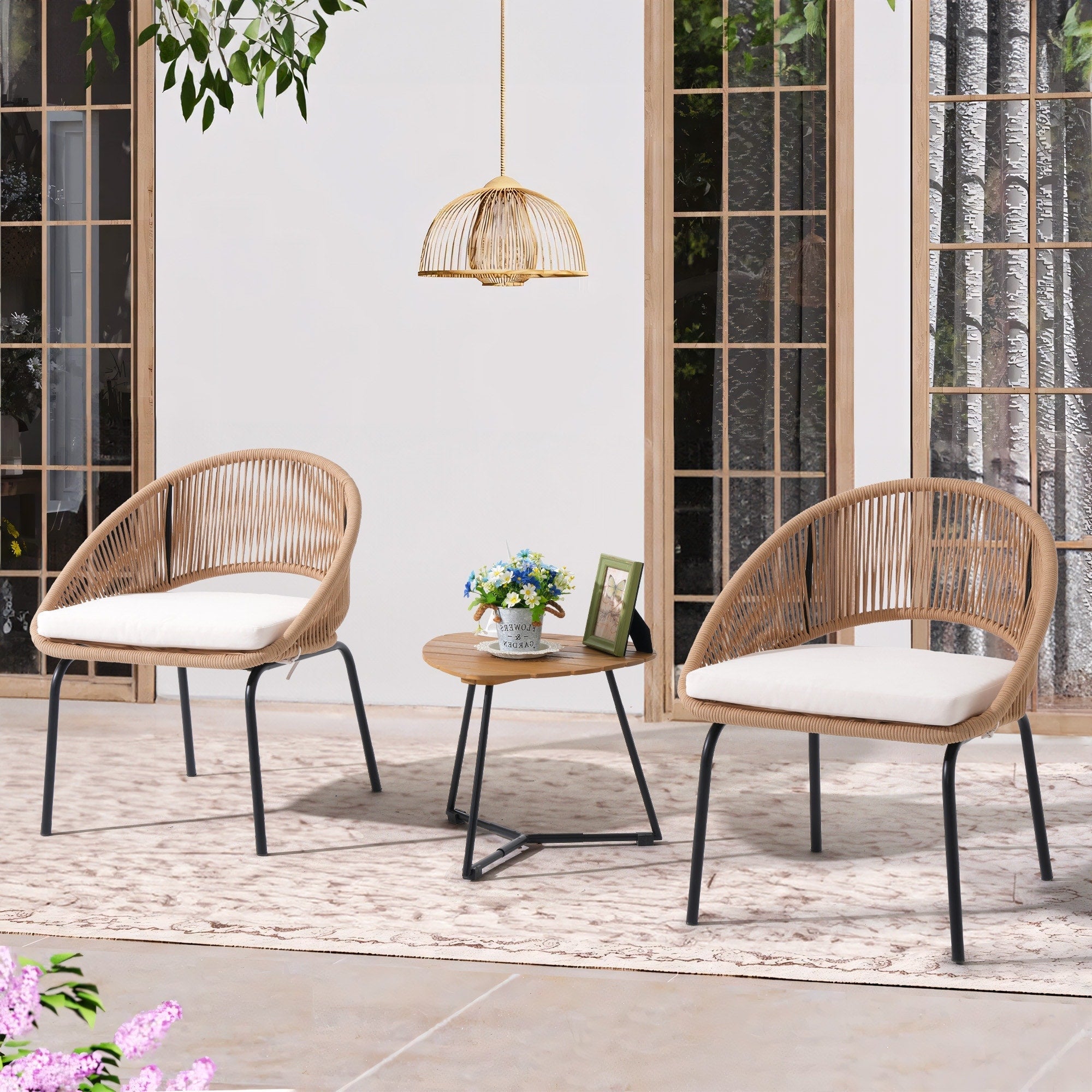 Ensemble de salon moderne avec chaises de jardin rembourrées en osier, 3 pièces
