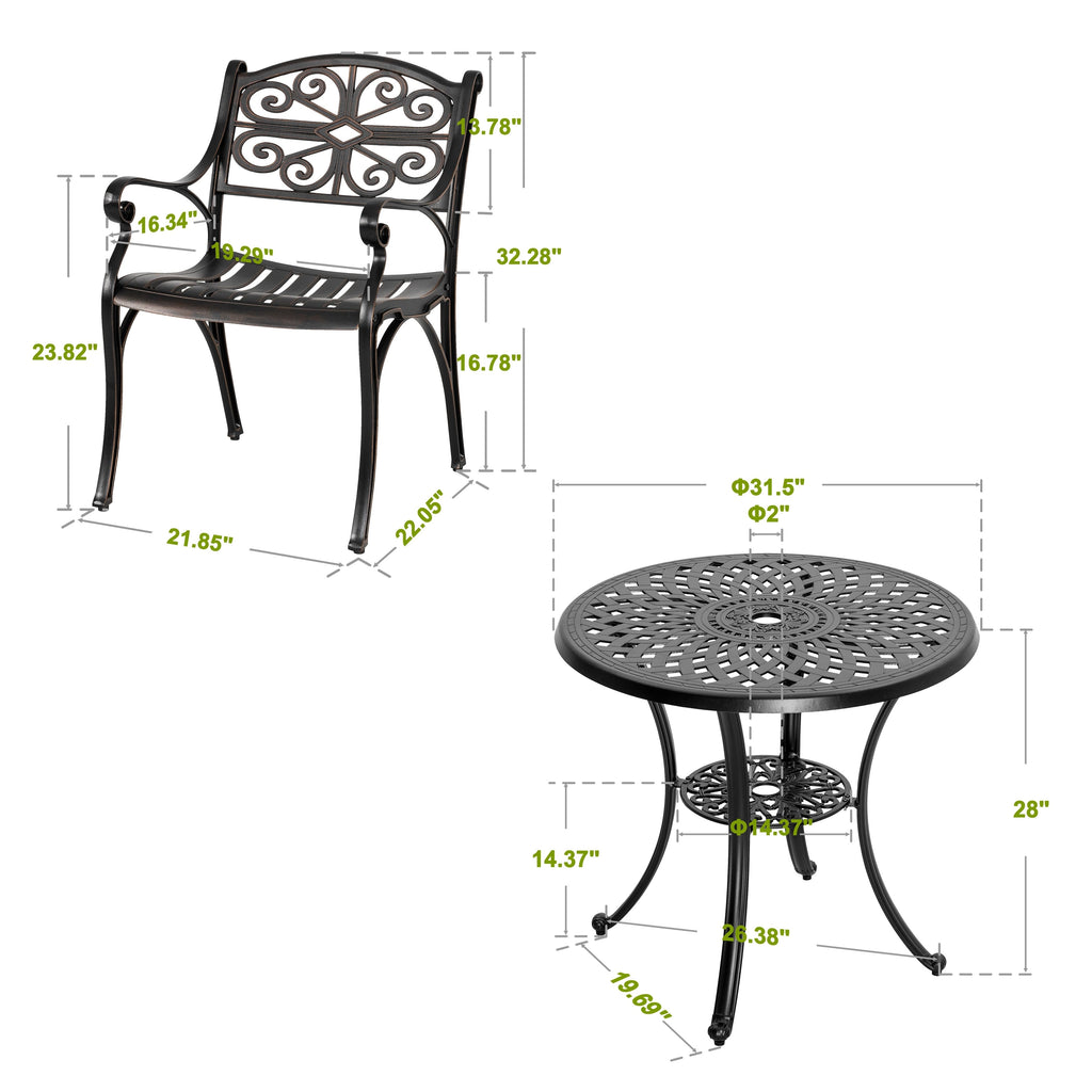 Ensemble bistrot d'extérieur 3 pièces en fonte d'aluminium avec trou pour parasol de 5 cm