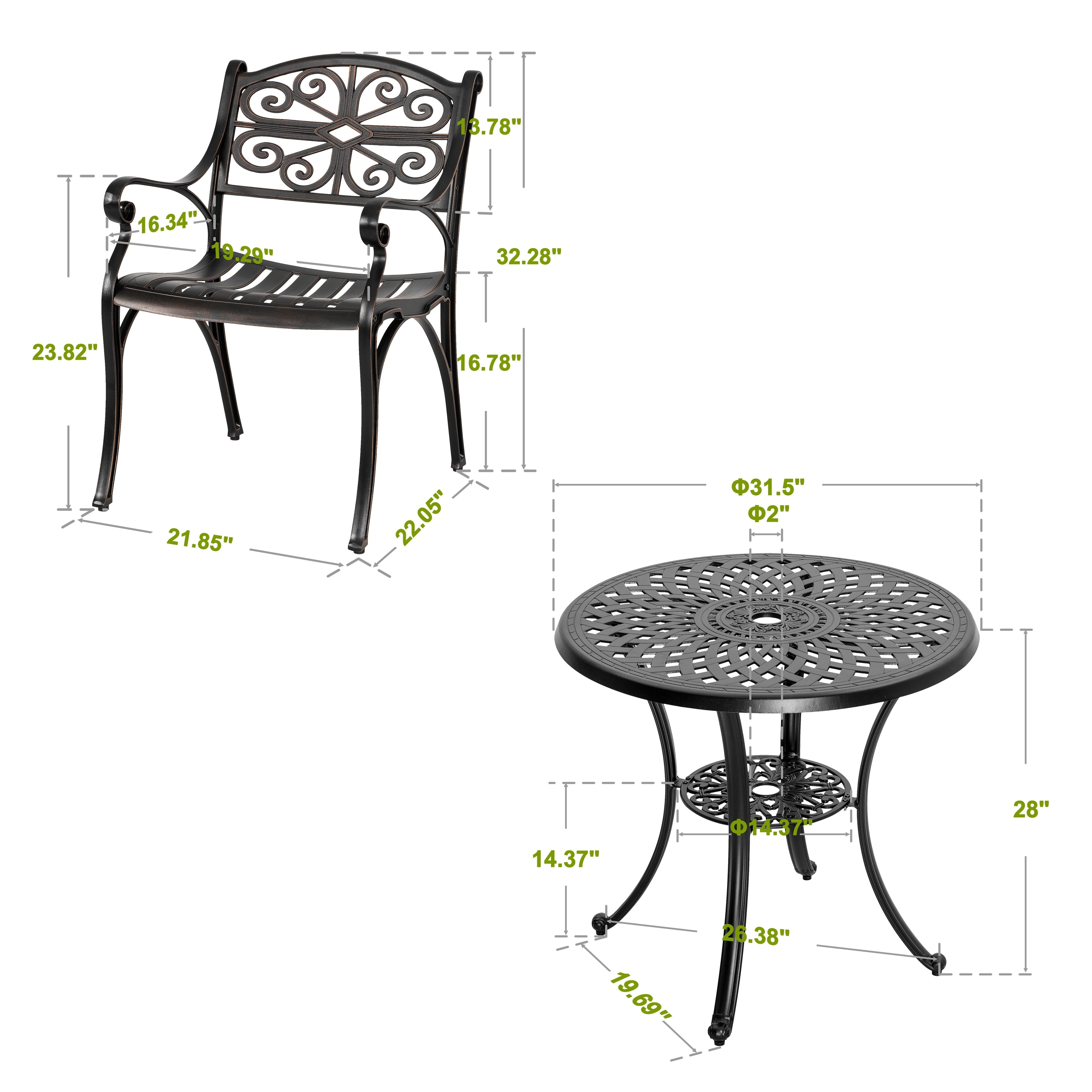Ensemble bistrot d'extérieur 3 pièces en fonte d'aluminium avec trou pour parasol de 5 cm