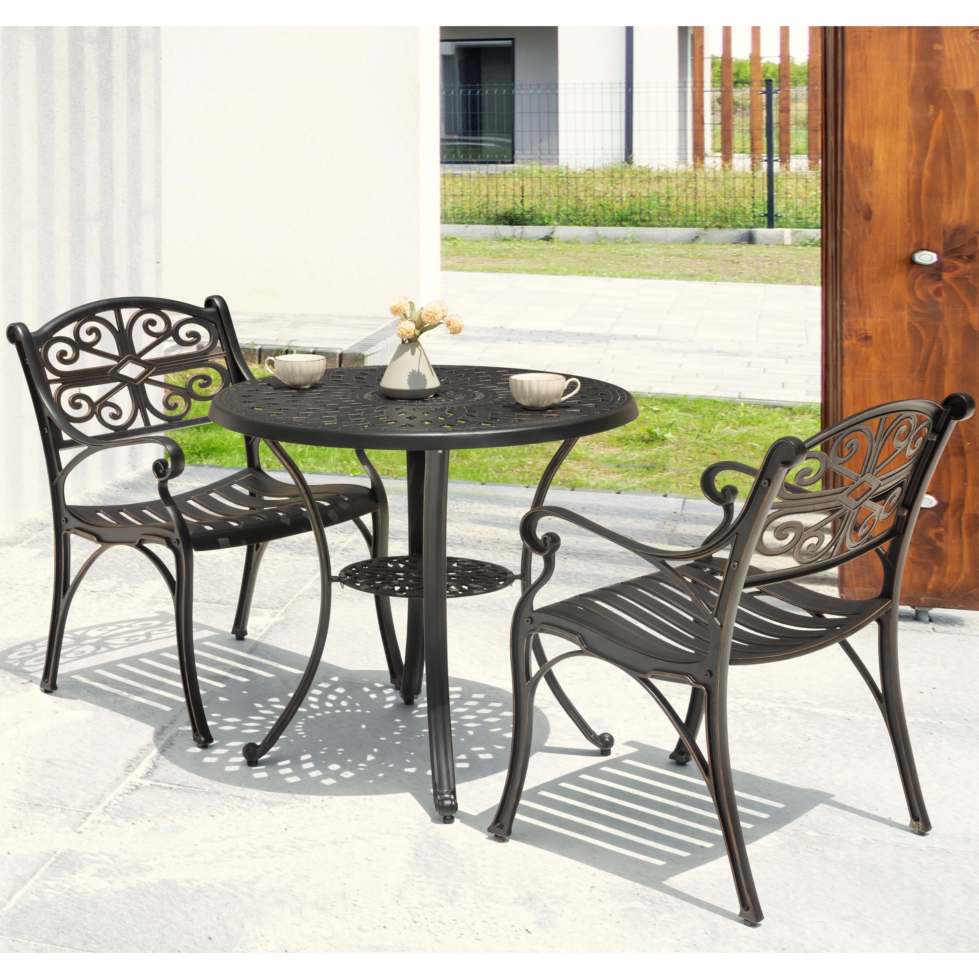 Ensemble bistrot d'extérieur 3 pièces en fonte d'aluminium avec trou pour parasol de 5 cm