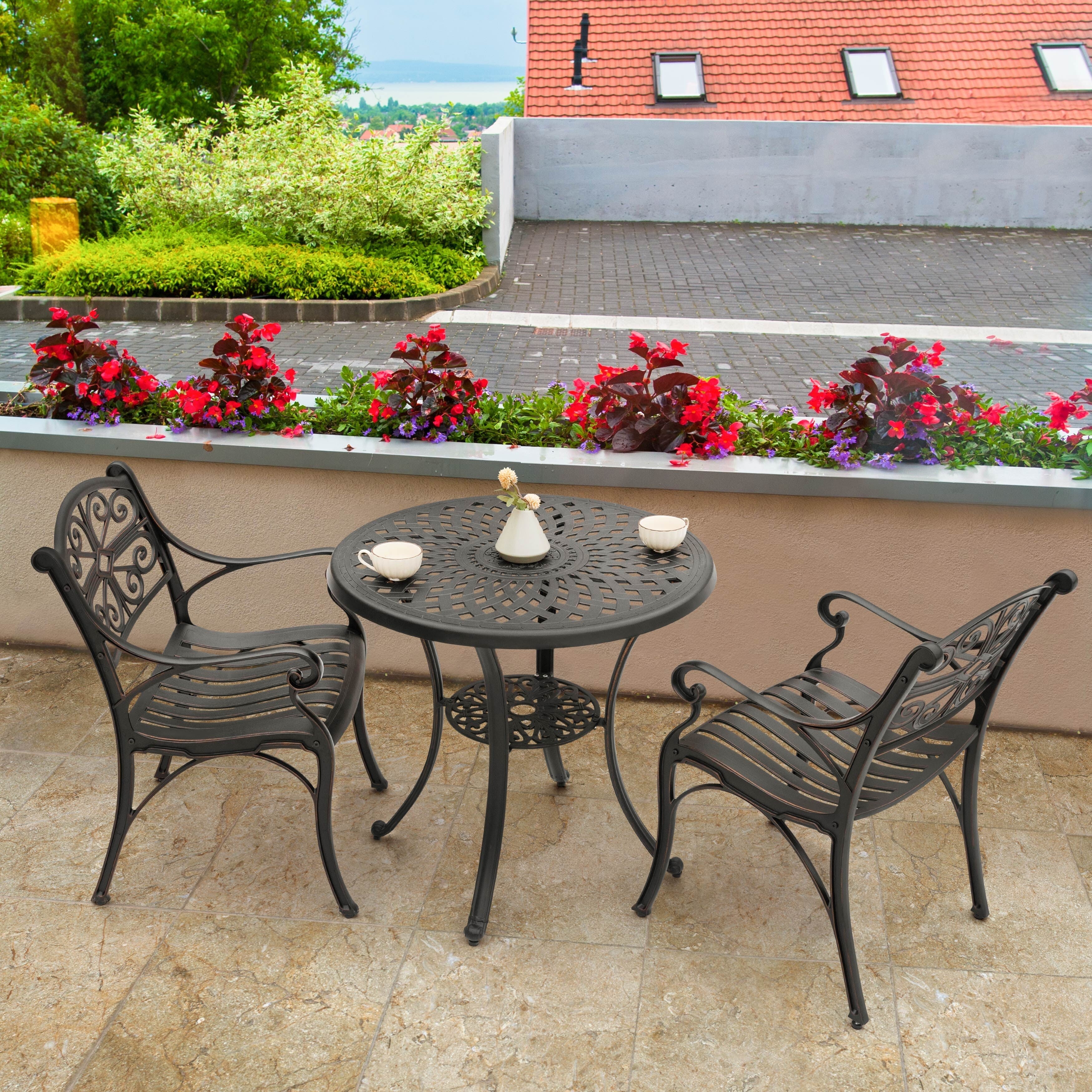 Ensemble bistrot d'extérieur 3 pièces en fonte d'aluminium avec trou pour parasol de 5 cm