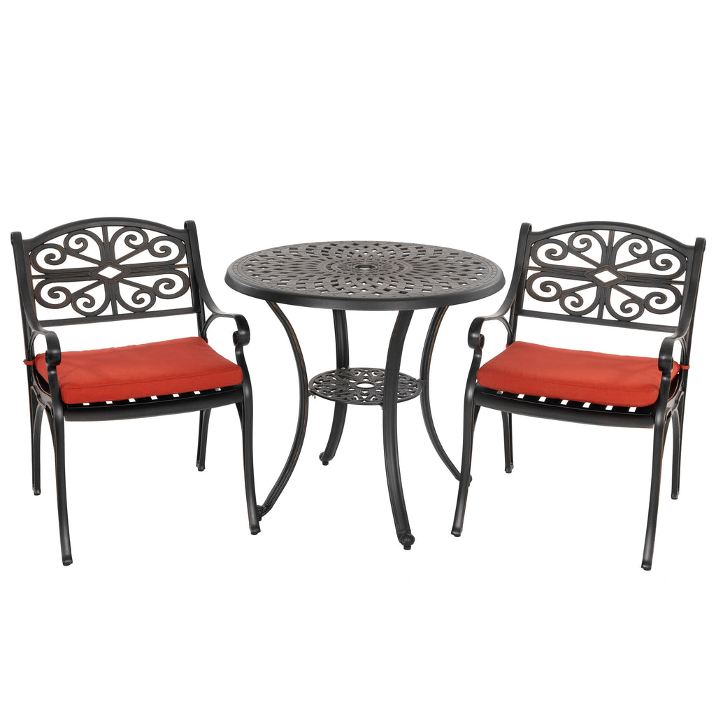 Ensemble bistrot d'extérieur 3 pièces en fonte d'aluminium avec trou pour parasol de 5 cm