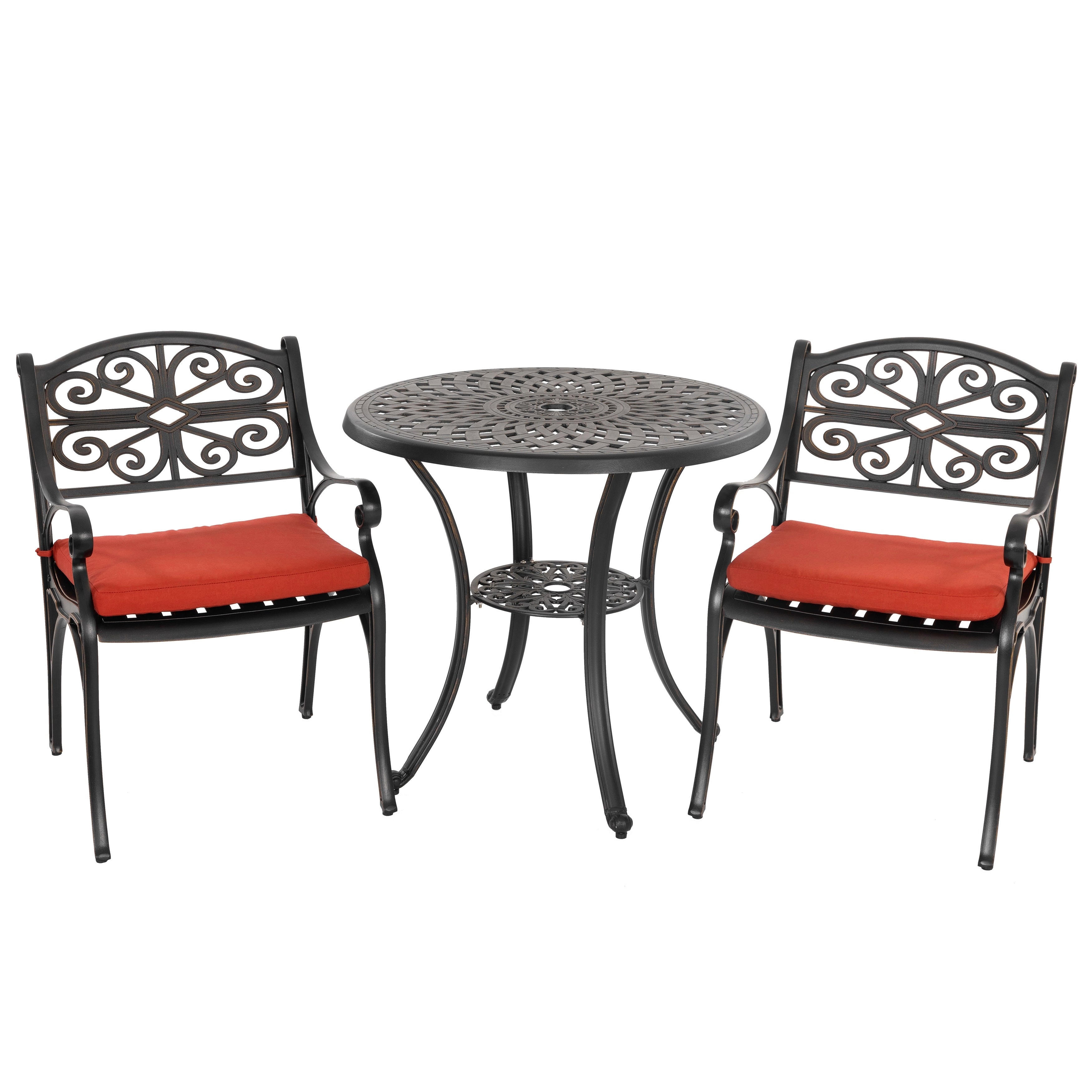 Ensemble bistrot d'extérieur 3 pièces en fonte d'aluminium avec trou pour parasol de 5 cm