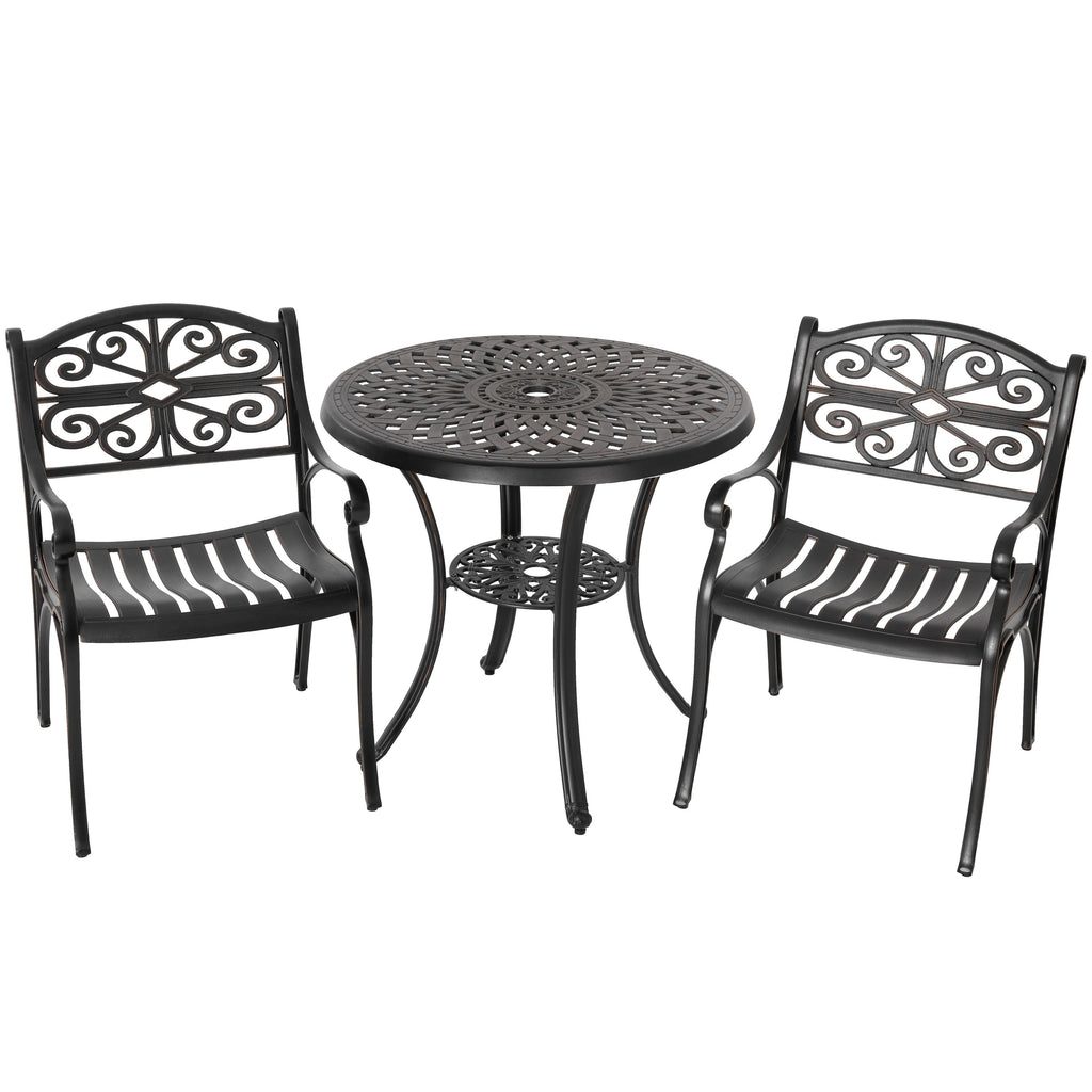 Ensemble bistrot d'extérieur 3 pièces en fonte d'aluminium avec trou pour parasol de 5 cm