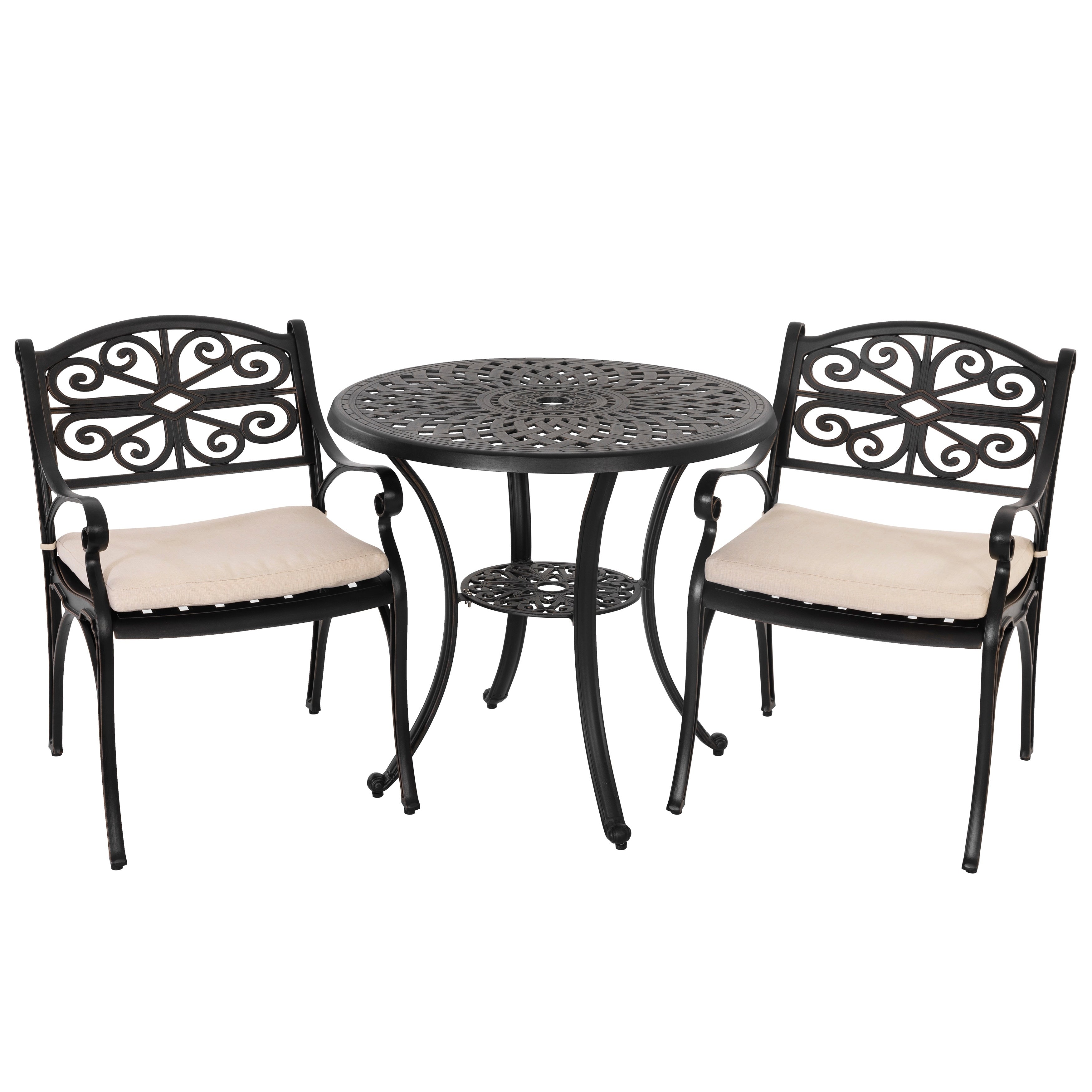 Ensemble bistrot d'extérieur 3 pièces en fonte d'aluminium avec trou pour parasol de 5 cm