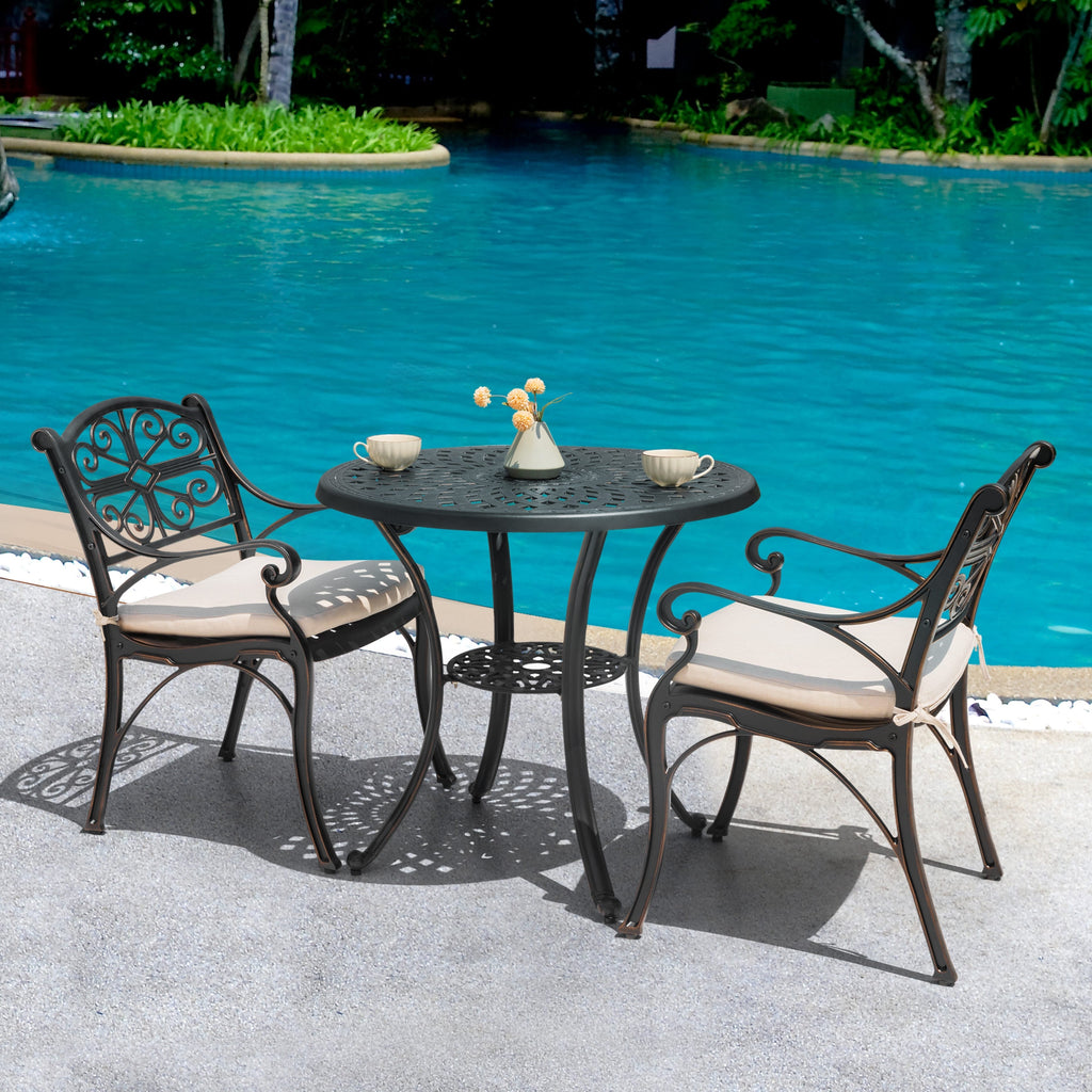 Ensemble bistrot d'extérieur 3 pièces en fonte d'aluminium avec trou pour parasol de 5 cm