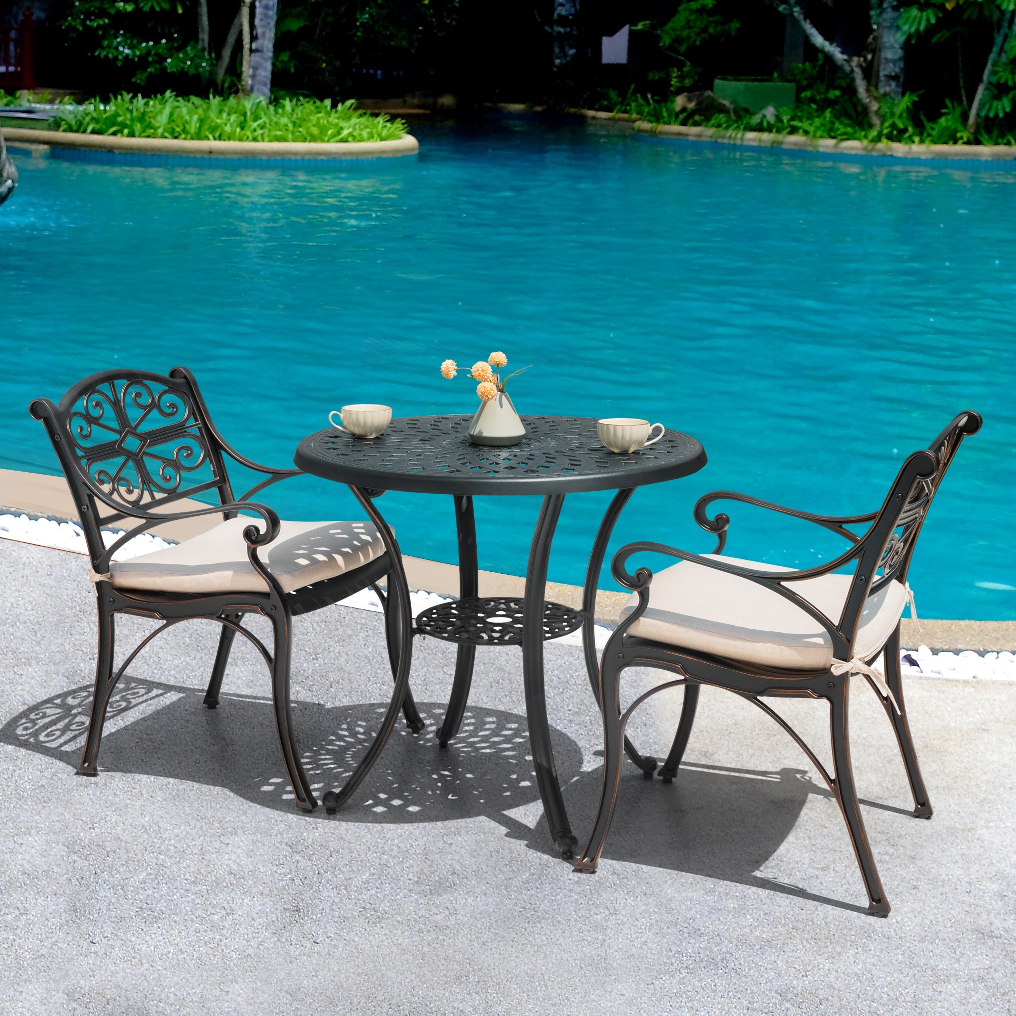 Ensemble bistrot d'extérieur 3 pièces en fonte d'aluminium avec trou pour parasol de 5 cm