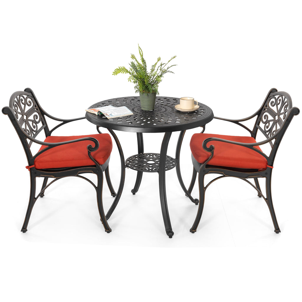 Ensemble bistrot d'extérieur 3 pièces en fonte d'aluminium avec trou pour parasol de 5 cm
