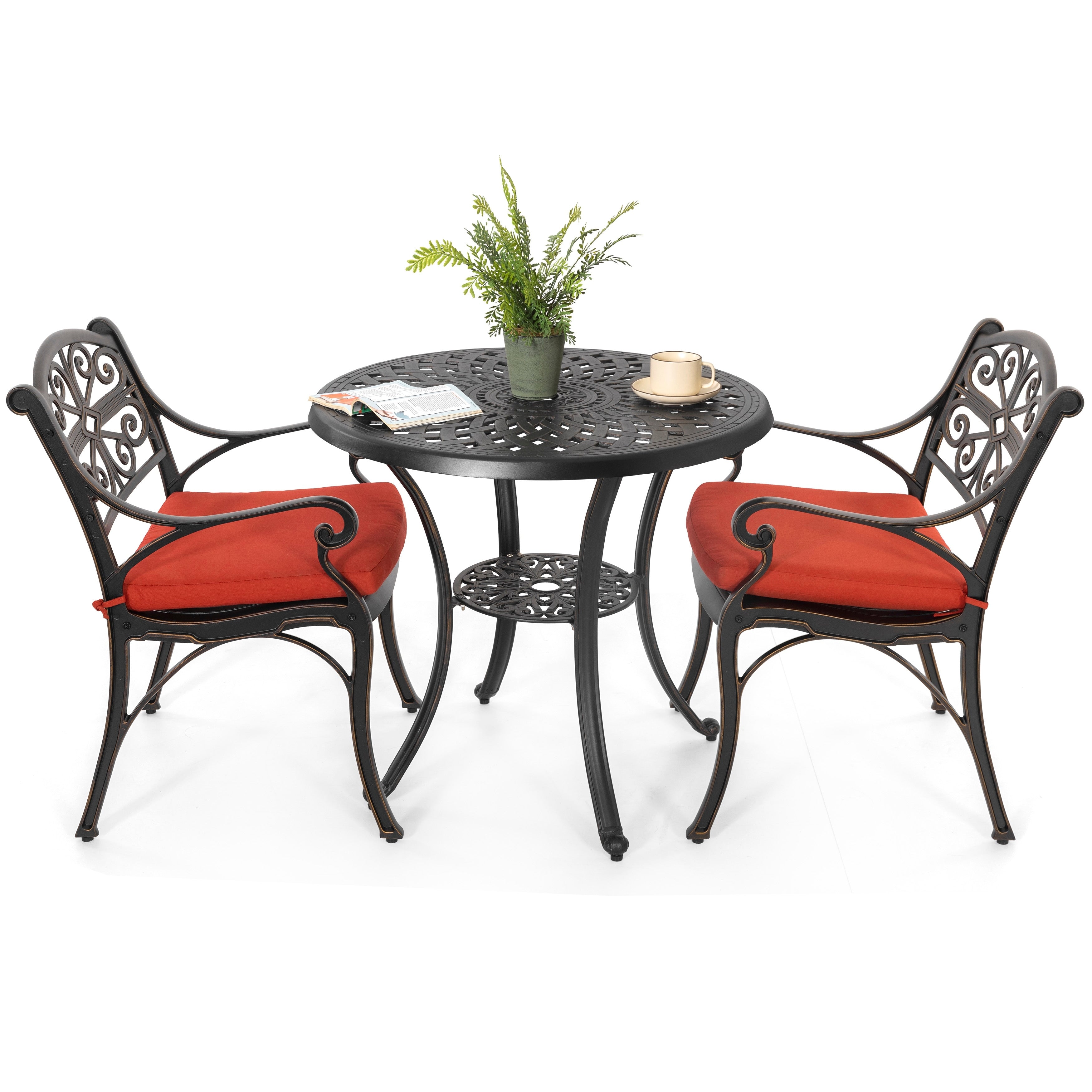 Ensemble bistrot d'extérieur 3 pièces en fonte d'aluminium avec trou pour parasol de 5 cm