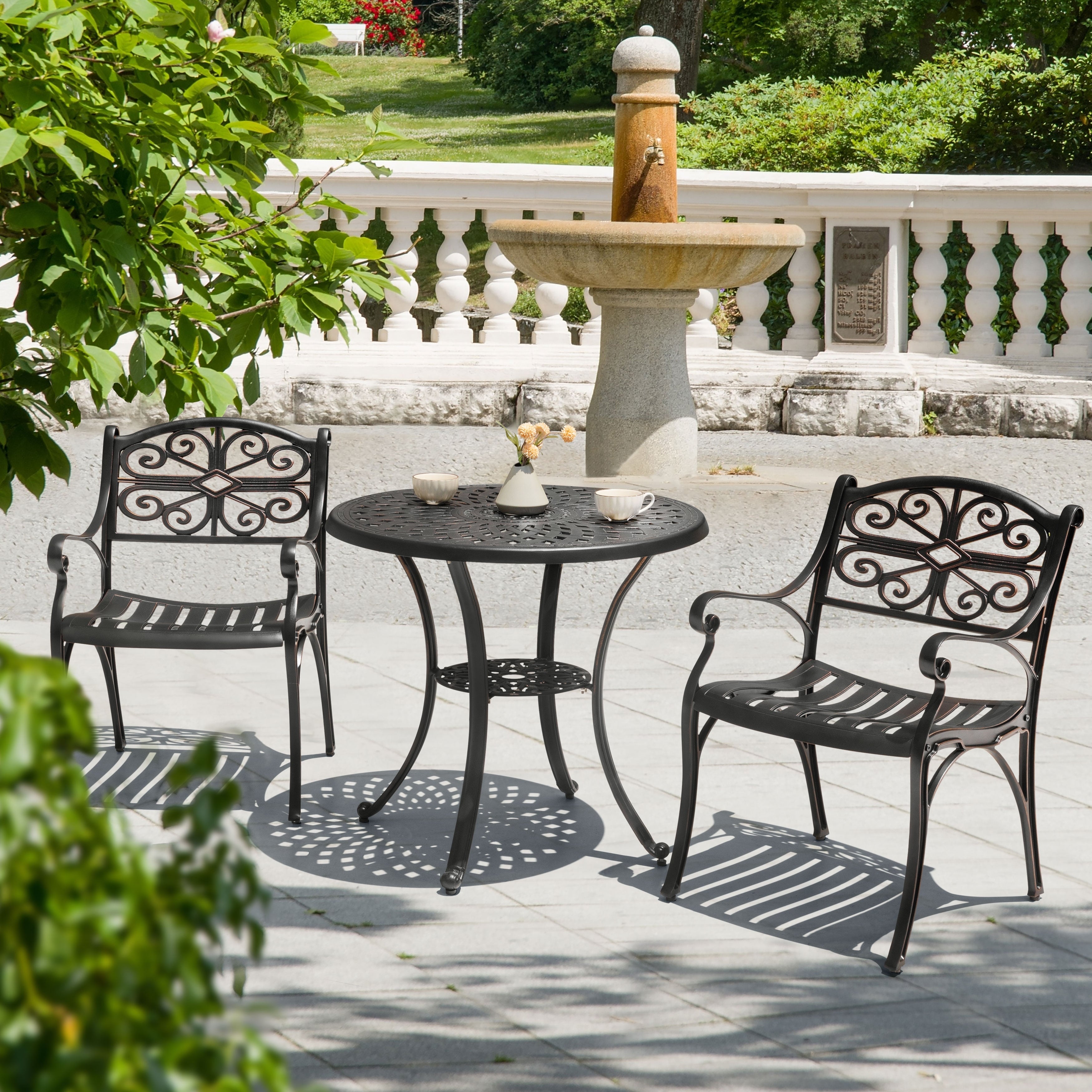 Ensemble bistrot d'extérieur 3 pièces en fonte d'aluminium avec trou pour parasol de 5 cm