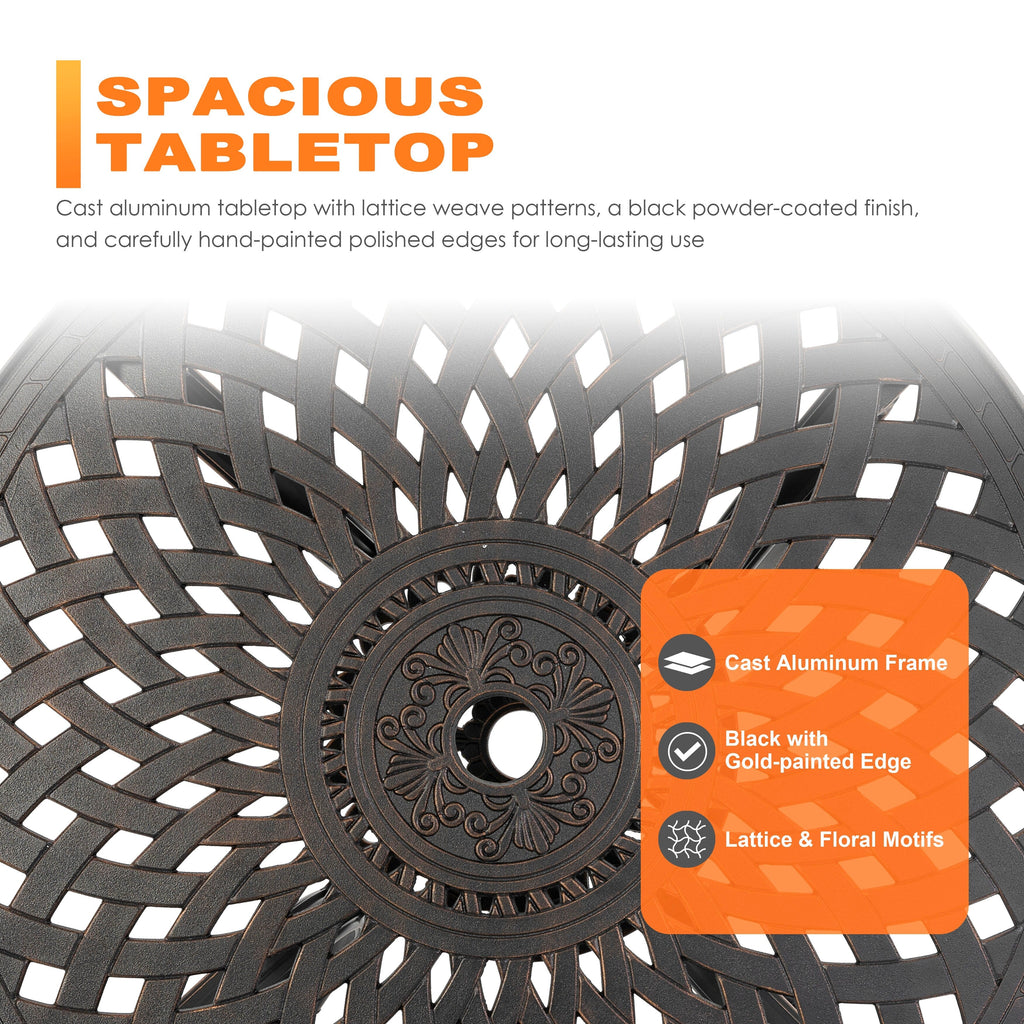 Ensemble bistrot d'extérieur 3 pièces en fonte d'aluminium avec trou pour parasol de 5 cm