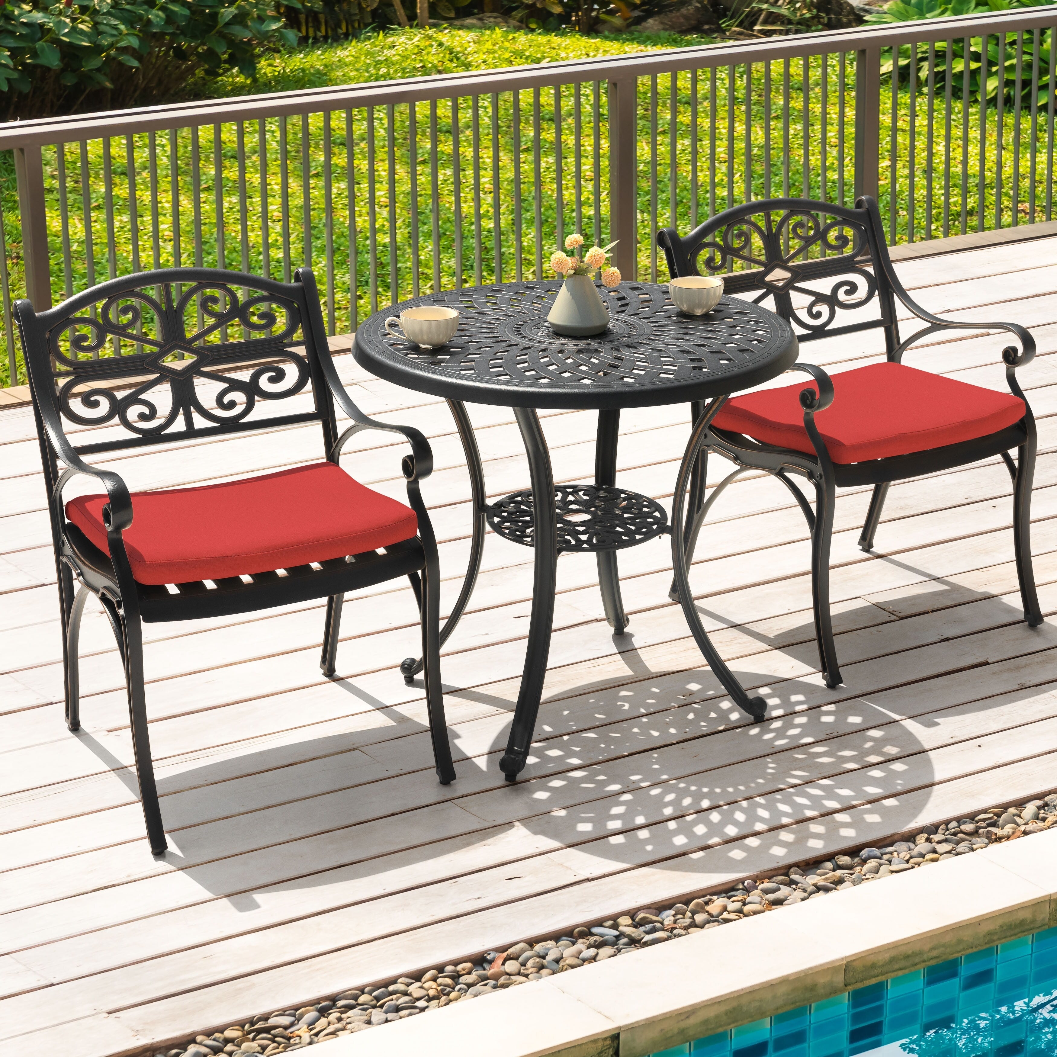 Ensemble bistrot d'extérieur 3 pièces en fonte d'aluminium avec trou pour parasol de 5 cm