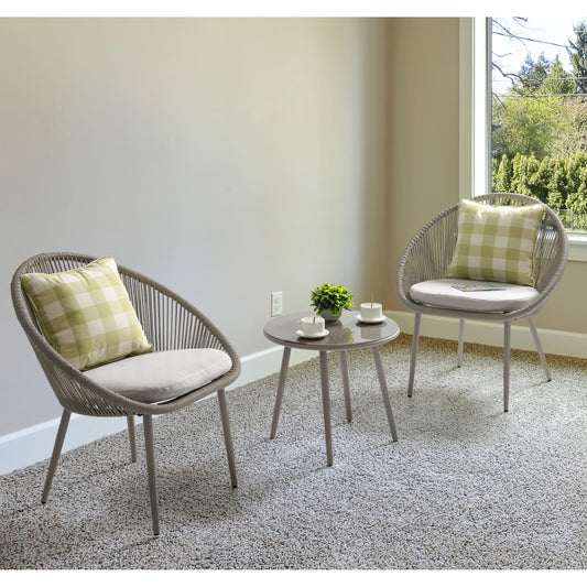 Ensemble de jardin bistro 3 pièces en corde tressée avec coussins, gris foncé