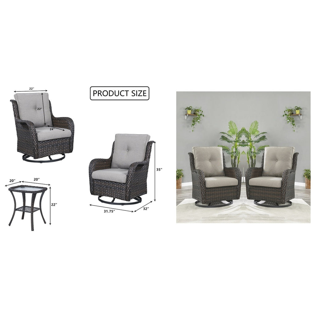 Ensemble de 3 chaises pivotantes et table d'extérieur en osier et acier Gymojoy