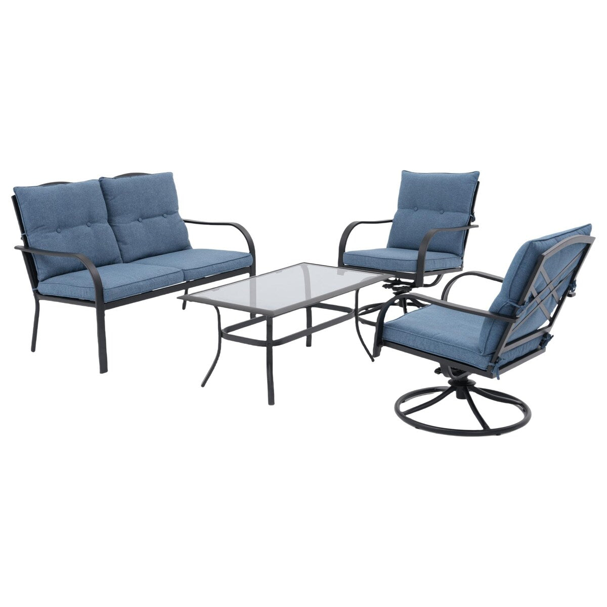 Ensemble de sièges d'extérieur pour 4 personnes, chaise pivotante avec coussins et table en verre trempé