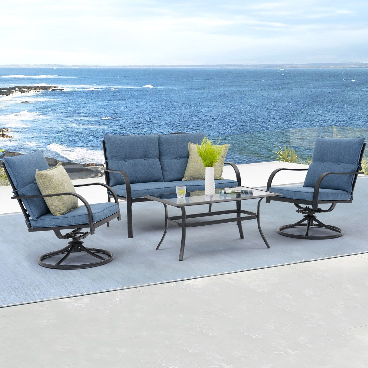 Ensemble de sièges d'extérieur pour 4 personnes, chaise pivotante avec coussins et table en verre trempé