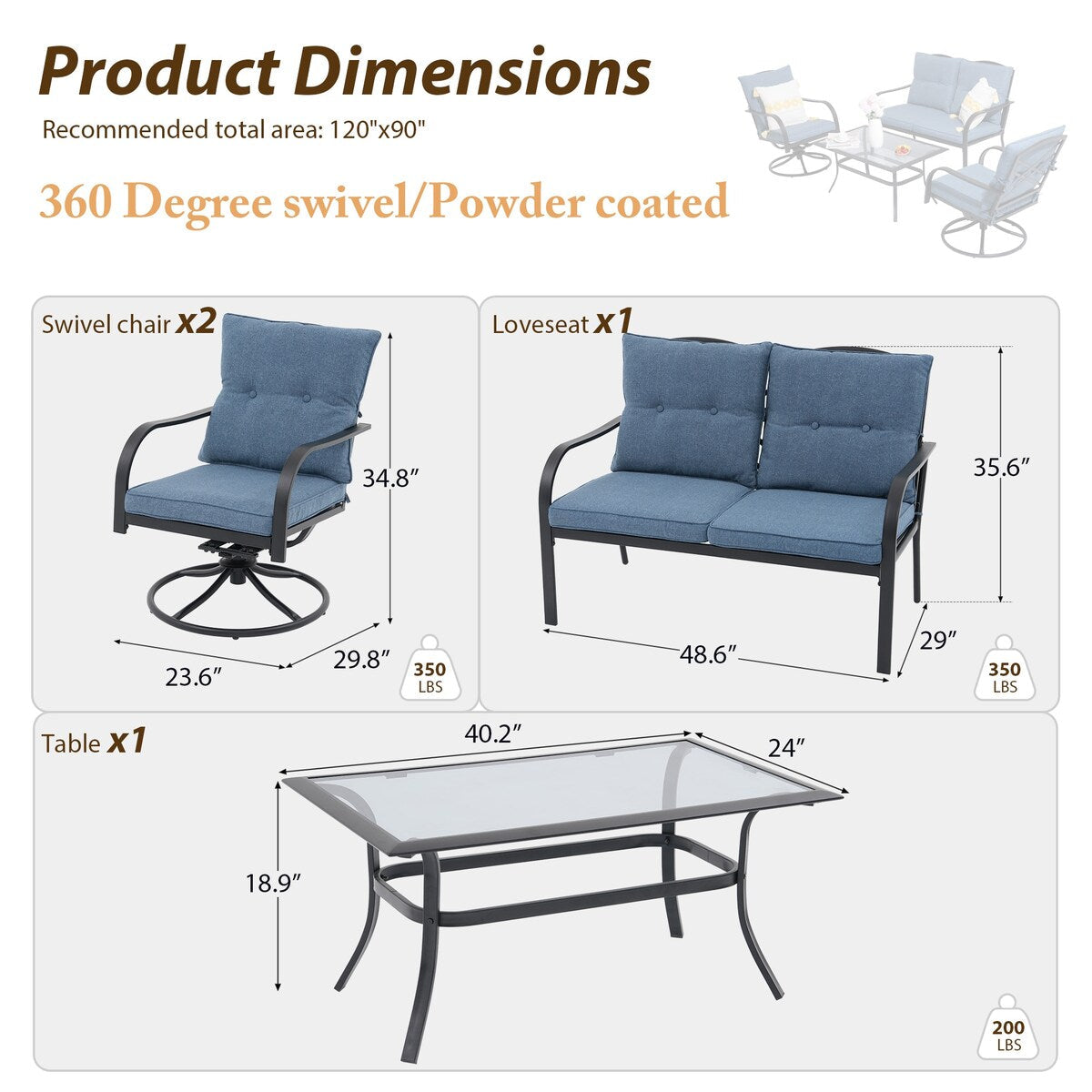 Ensemble de sièges d'extérieur pour 4 personnes, chaise pivotante avec coussins et table en verre trempé