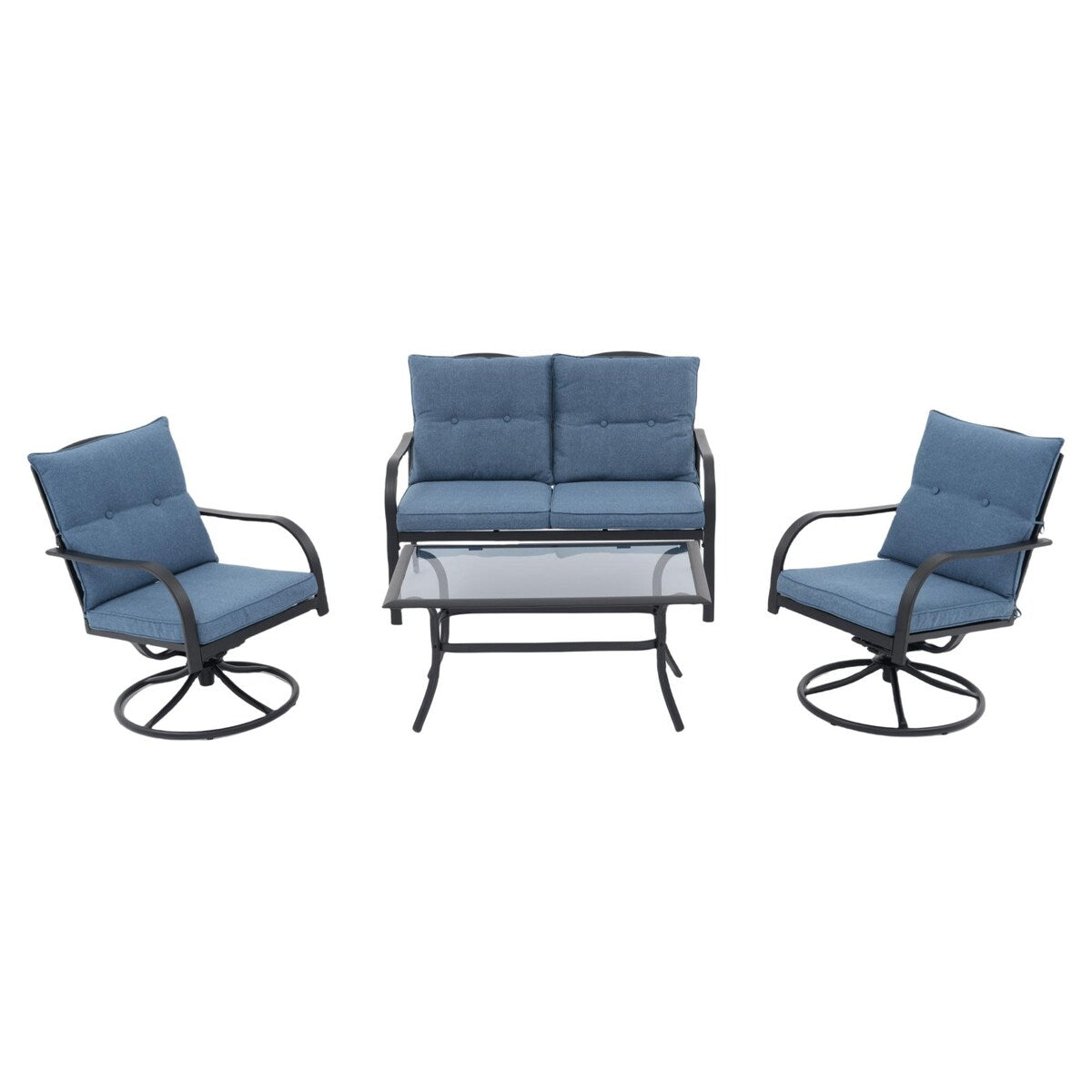 Ensemble de sièges d'extérieur pour 4 personnes, chaise pivotante avec coussins et table en verre trempé