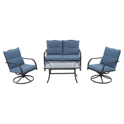 Ensemble de sièges d'extérieur pour 4 personnes, chaise pivotante avec coussins et table en verre trempé