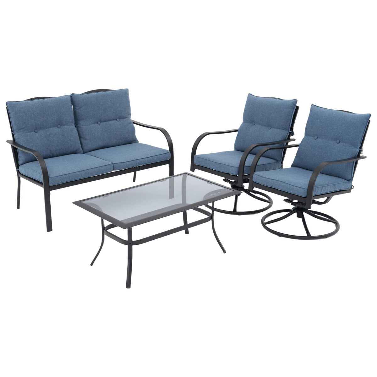 Ensemble de sièges d'extérieur pour 4 personnes, chaise pivotante avec coussins et table en verre trempé