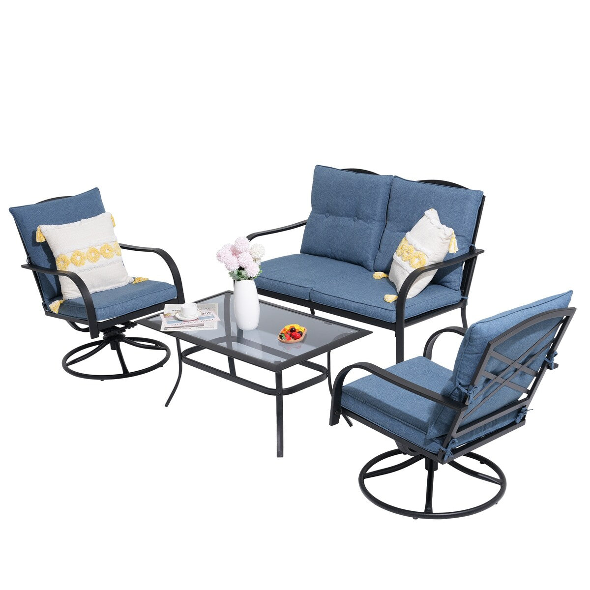 Ensemble de sièges d'extérieur pour 4 personnes, chaise pivotante avec coussins et table en verre trempé