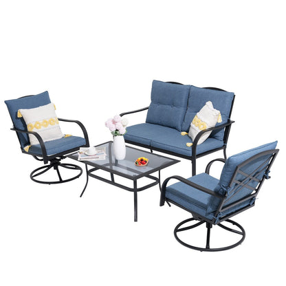 Ensemble de sièges d'extérieur pour 4 personnes, chaise pivotante avec coussins et table en verre trempé