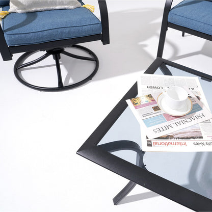 Ensemble de sièges d'extérieur pour 4 personnes, chaise pivotante avec coussins et table en verre trempé