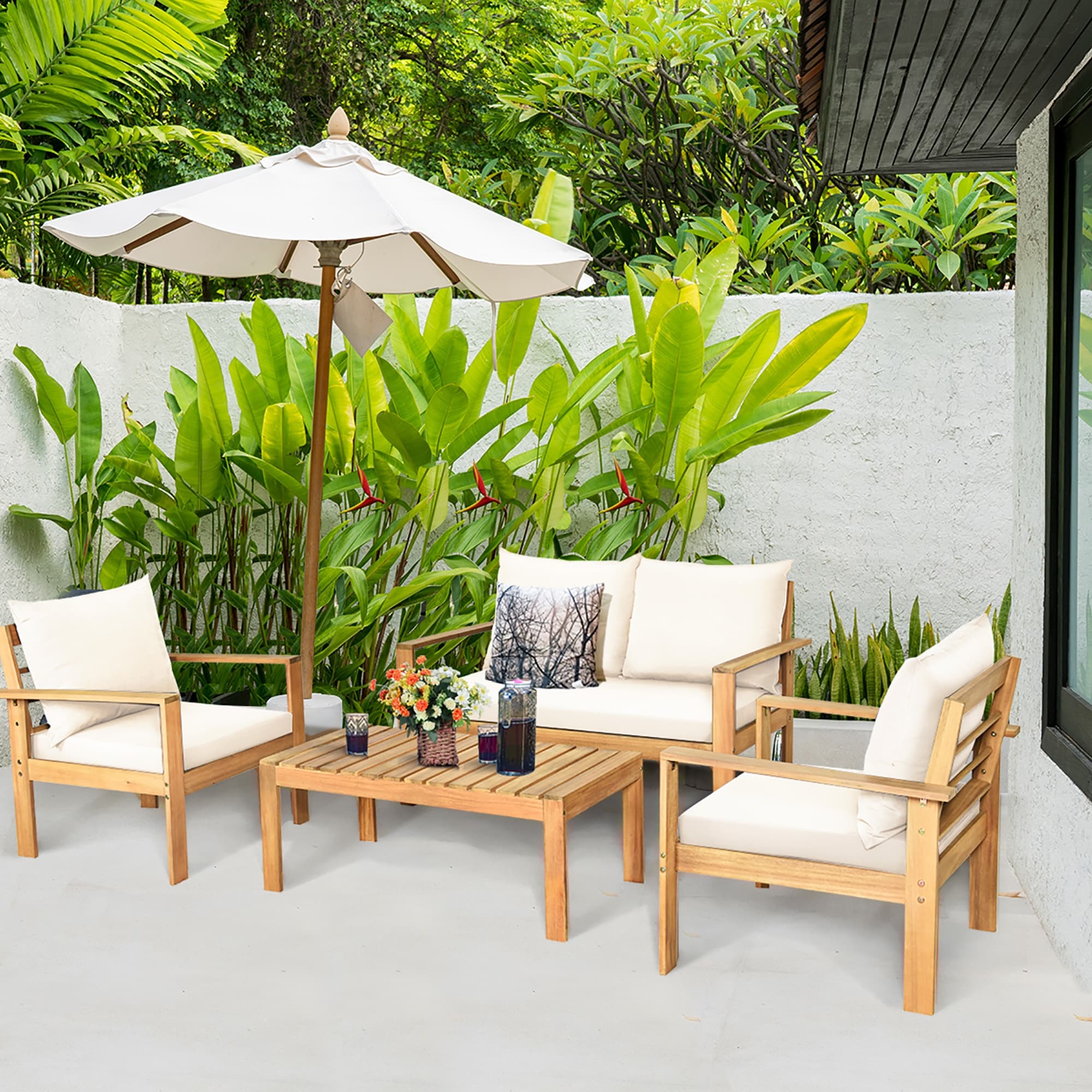Ensemble de conversation d'extérieur 4 pièces en bois d'acacia avec canapé et table