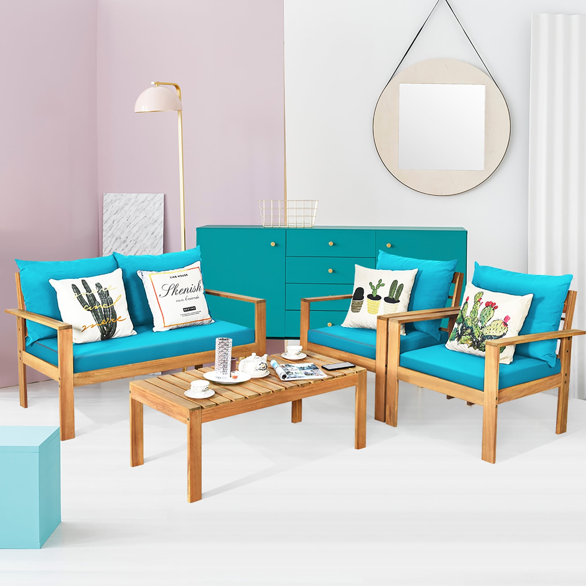 Ensemble de conversation d'extérieur 4 pièces en bois d'acacia avec canapé et table