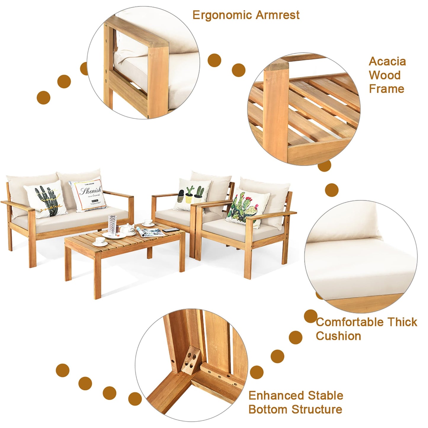Ensemble de conversation d'extérieur 4 pièces en bois d'acacia avec canapé et table
