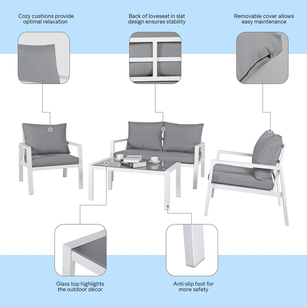 Ensemble de conversation d'extérieur 4 pièces en aluminium rembourré